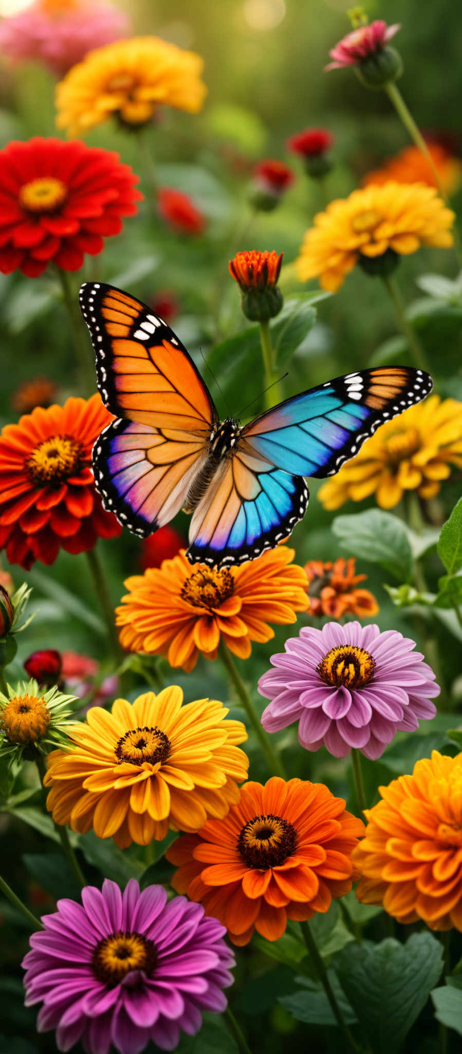 A butterfly with orange wings and blue spots is flying over a garden of flowers.