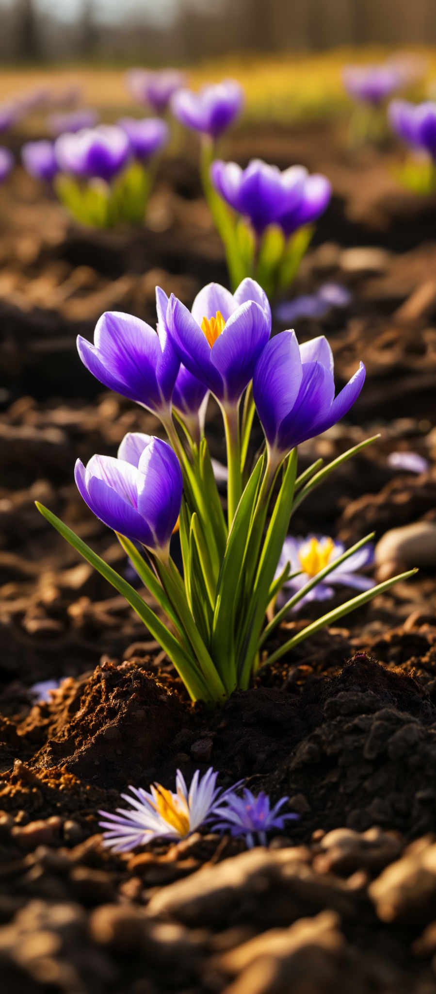 A group of purple tulips with yellow centers.