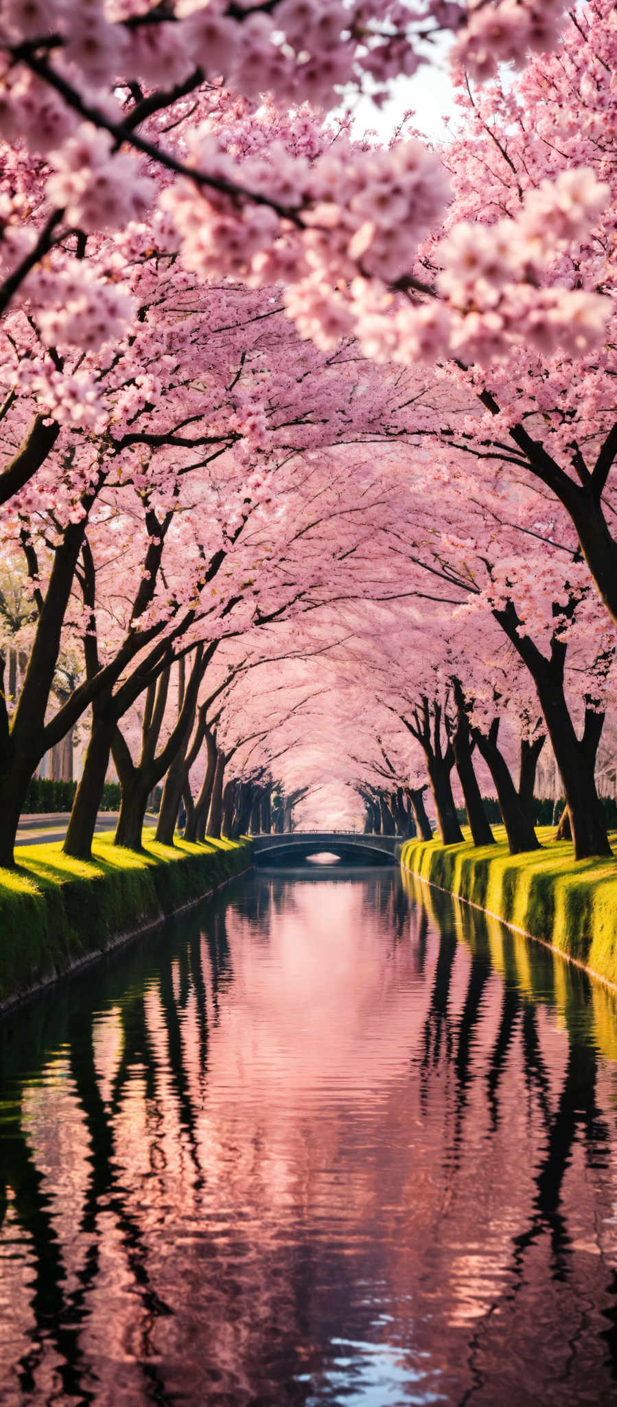 A serene scene of a river flowing under a canopy of cherry blossom trees in full bloom. The trees adorned with pink flowers line the river on both sides their branches arching over the water to form a natural tunnel. The river calm and tranquil mirrors the vibrant pink of the cherry blossoms creating a beautiful reflection that adds to the overall tranquility of the scene. In the distance a bridge can be seen adding a touch of human presence to this otherwise natural landscape. The image captures the essence of spring with the cherry blossom flowers in full swing painting the scene with a palette of soft pink hues.