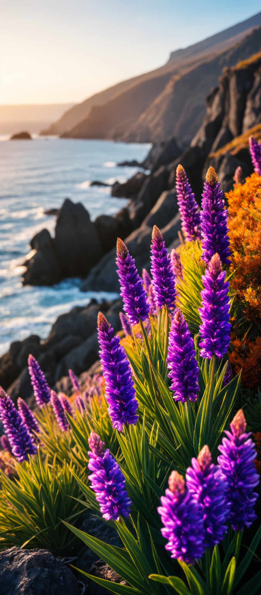 A vibrant scene of nature with purple flowers and a rocky cliff overlooking the ocean.