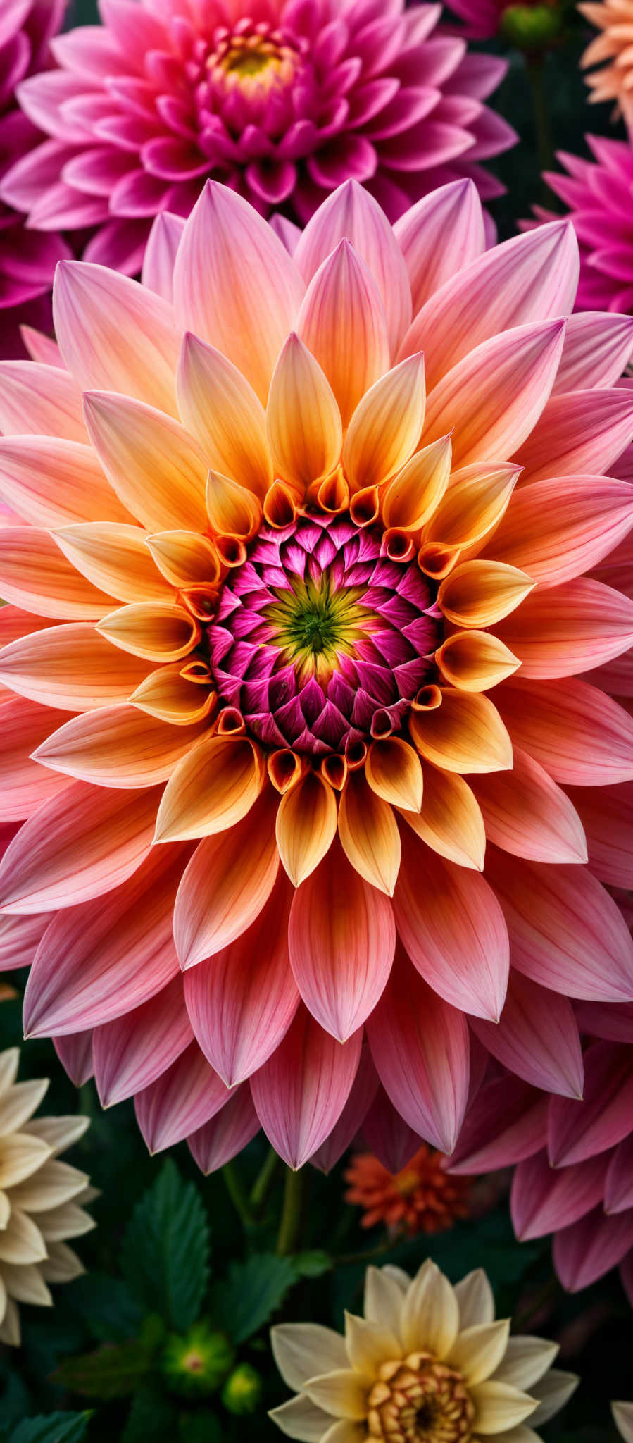 A vibrant pink flower with a yellow center. The flower is composed of numerous petals each exhibiting a unique pattern. The center of the flower is a striking yellow surrounded by a ring of pink petals. The petals are arranged in a circular pattern creating a beautiful and intricate design. The image captures the full beauty of the bloom showcasing the intricate details of the petals and the center.