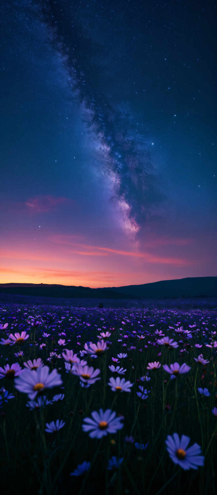 A field of purple flowers under a starry sky.