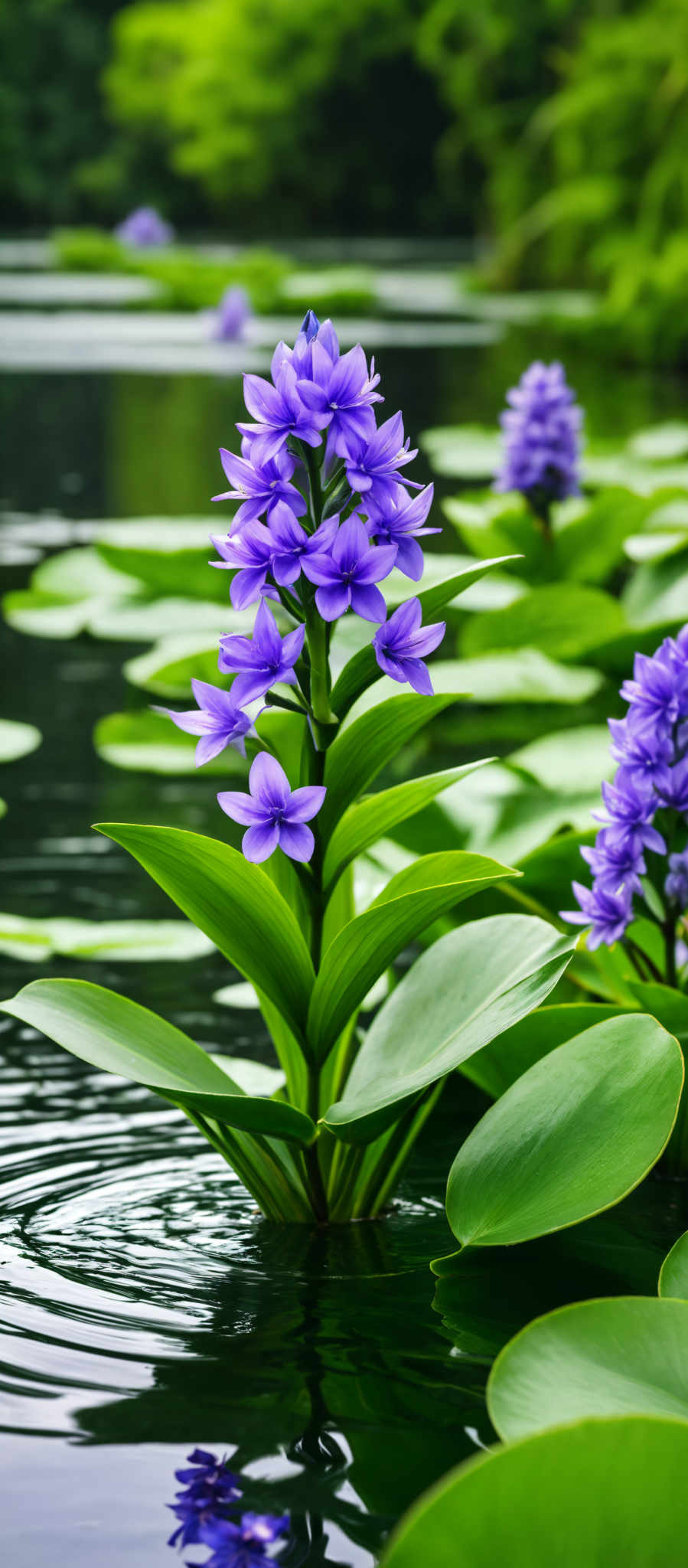 A close up of a purple flower with green leaves.