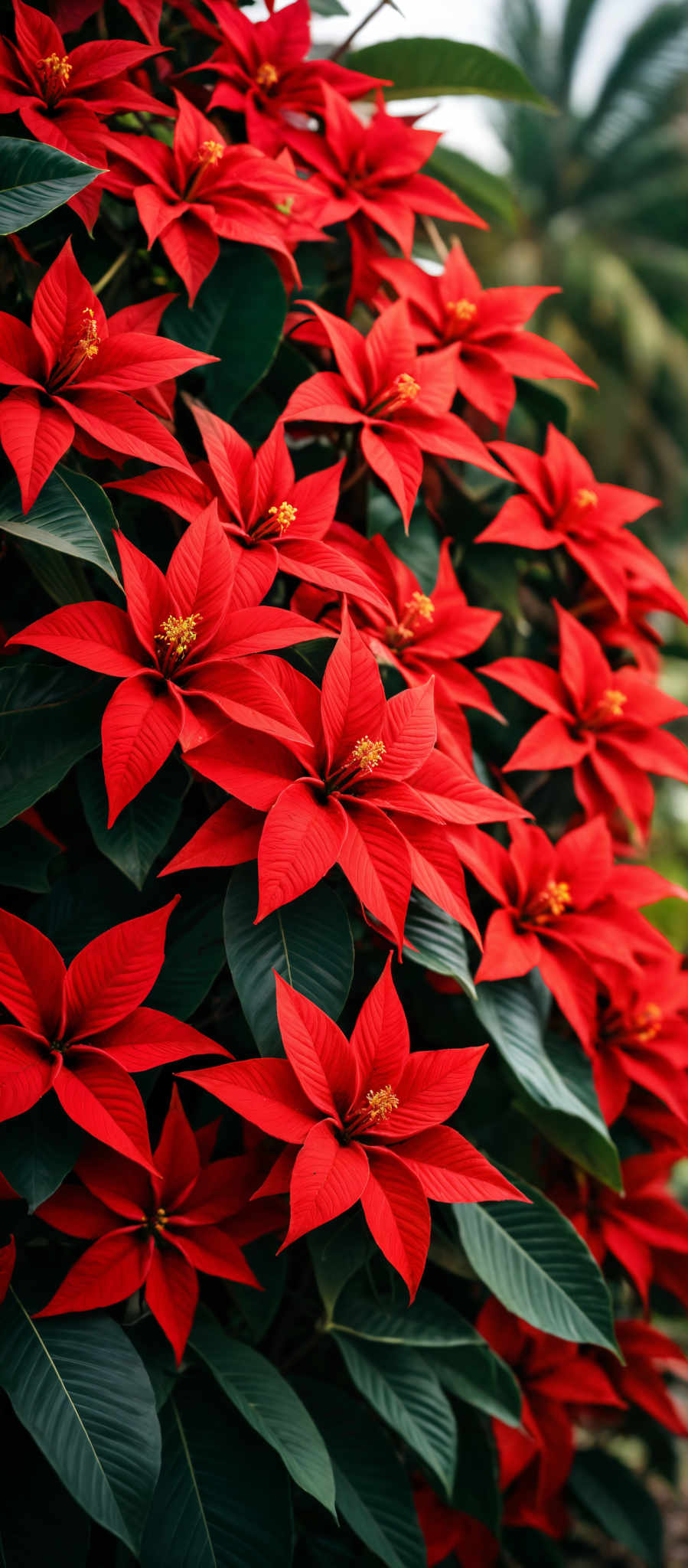 A vibrant display of red poinsettia flowers in full bloom. Each flower is a deep red color with a yellow center and they are surrounded by large green leaves. The flowers are arranged in a circular pattern creating a beautiful and symmetrical design. The image captures the full beauty of these flowers in their natural state showcasing their rich colors and intricate details.