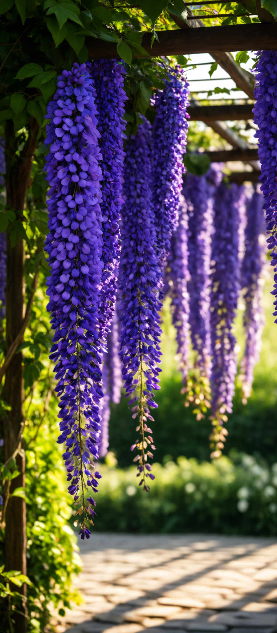 A cluster of purple flowers hanging from a tree.