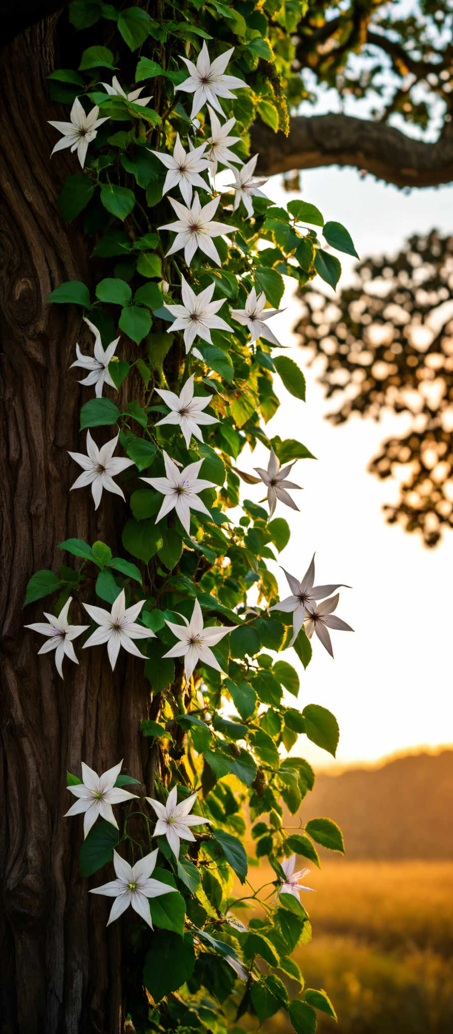 A tree with white flowers and green leaves.