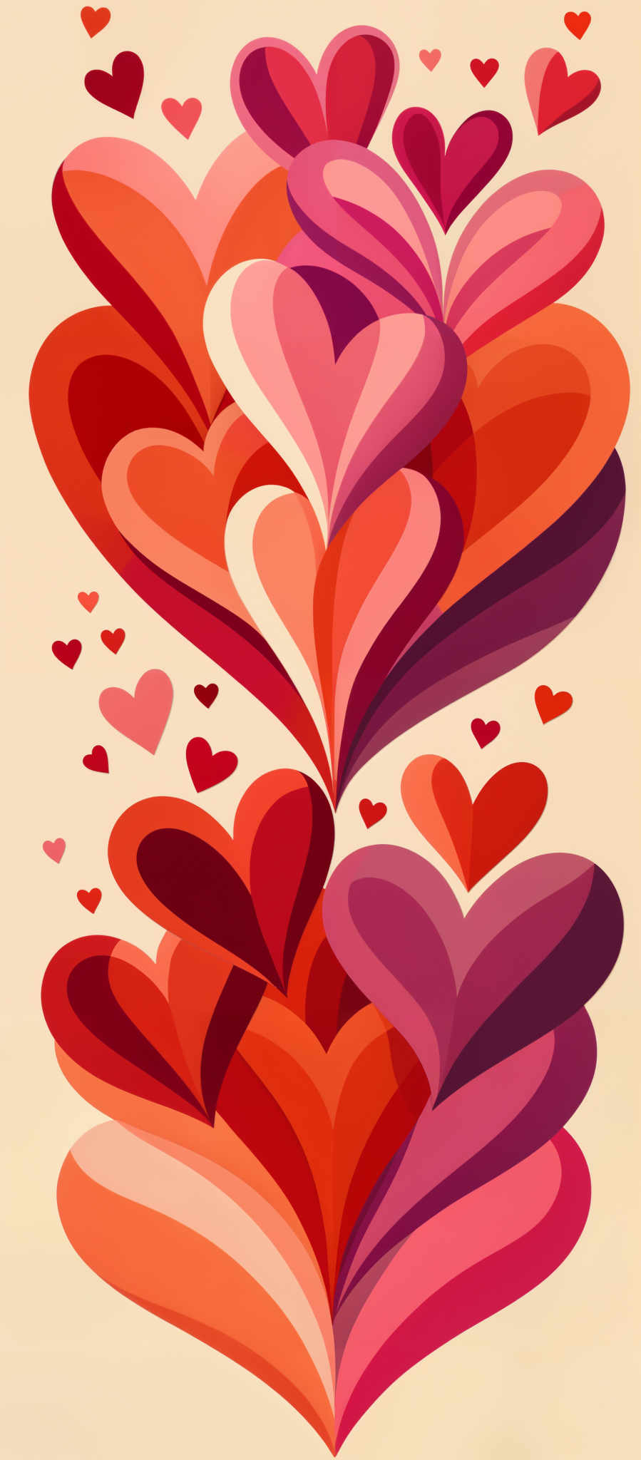 A vibrant display of hearts in various shades of red pink and purple. The hearts are arranged in a diagonal line creating a sense of movement and dynamism. Some hearts overlap each other adding depth and complexity to the image while others are spaced apart providing a sense balance and harmony. The background is a light peach color which complements the warm tones of the hearts and allows them to stand out. The image is a celebration of love and passion captured in the form of these symbolic hearts.