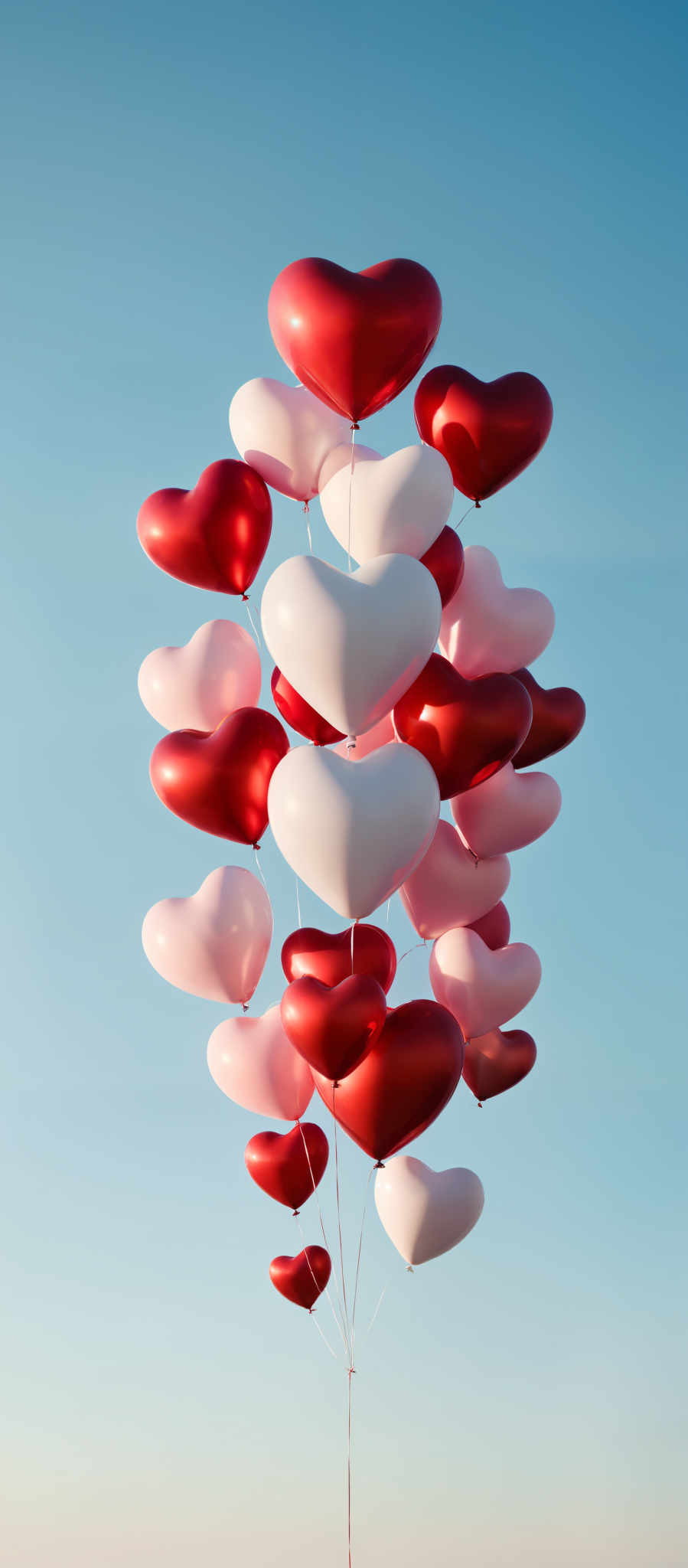 A cluster of heart-shaped balloons in red and white.