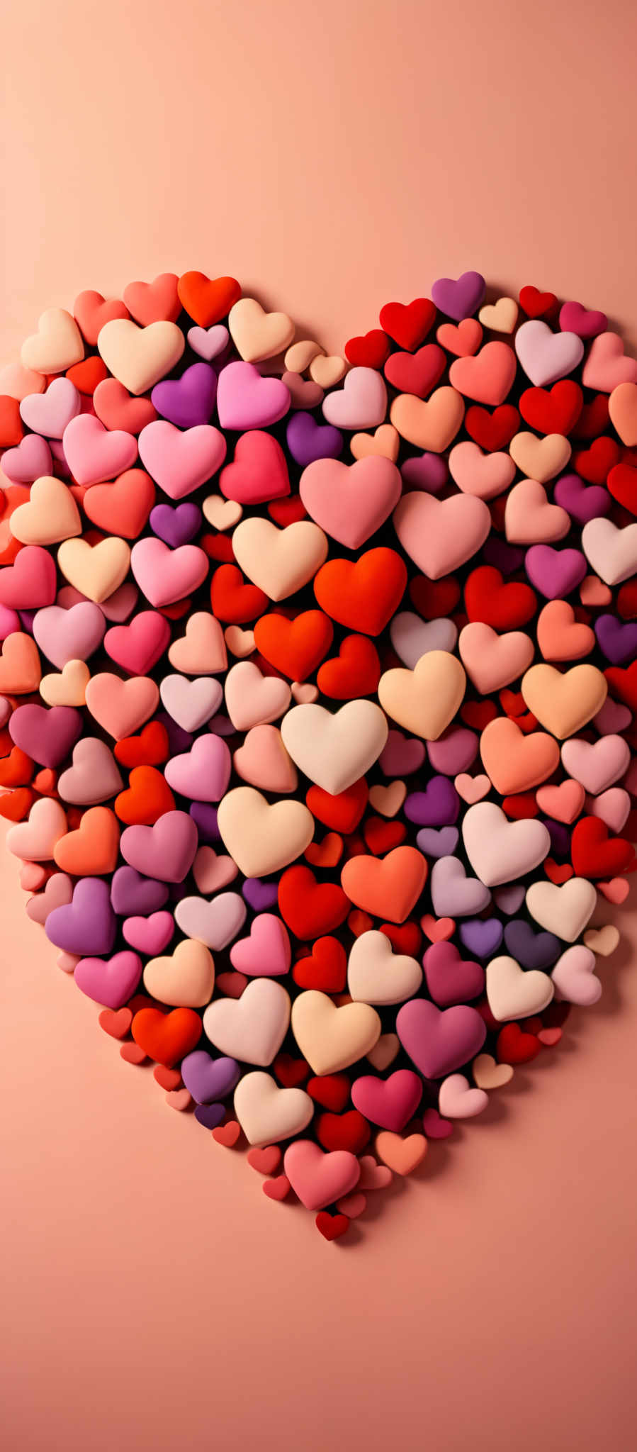 A large collection of hearts in various colors including red pink purple and white.