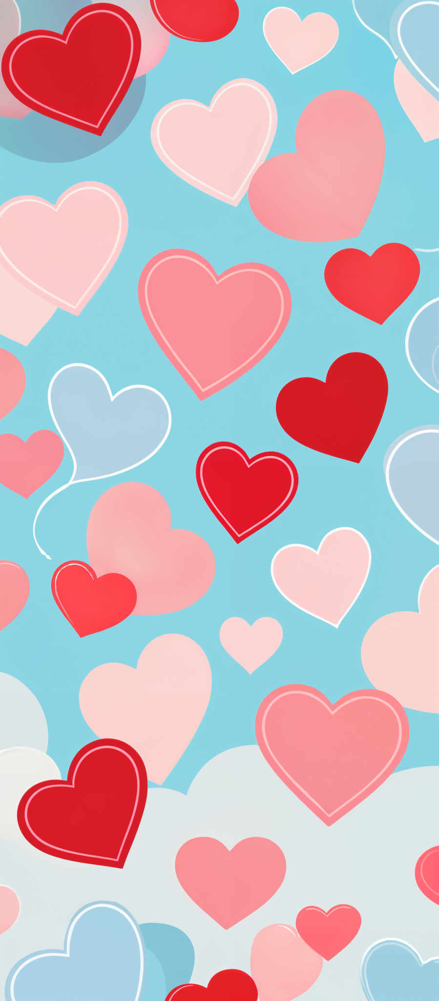 A vibrant display of hearts in various shades of pink blue and red. The hearts are scattered across a light blue background creating a sense of depth and dimension. Some hearts overlap each other while others are spaced apart adding to the randomness of the pattern. The colors of the hearts range from soft pastels to bold reds providing a visually appealing contrast. Despite the randomness there's a sense that the hearts are floating in the space creating an abstract and dreamy atmosphere. The image is a celebration of love and diversity symbolized by the different shades of the heart.