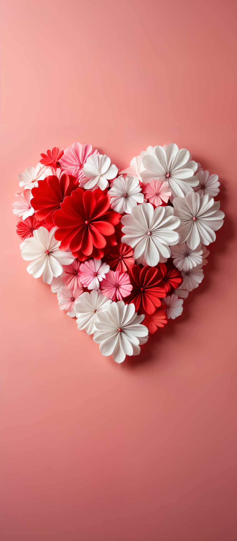 A heart-shaped arrangement of paper flowers in red and white.