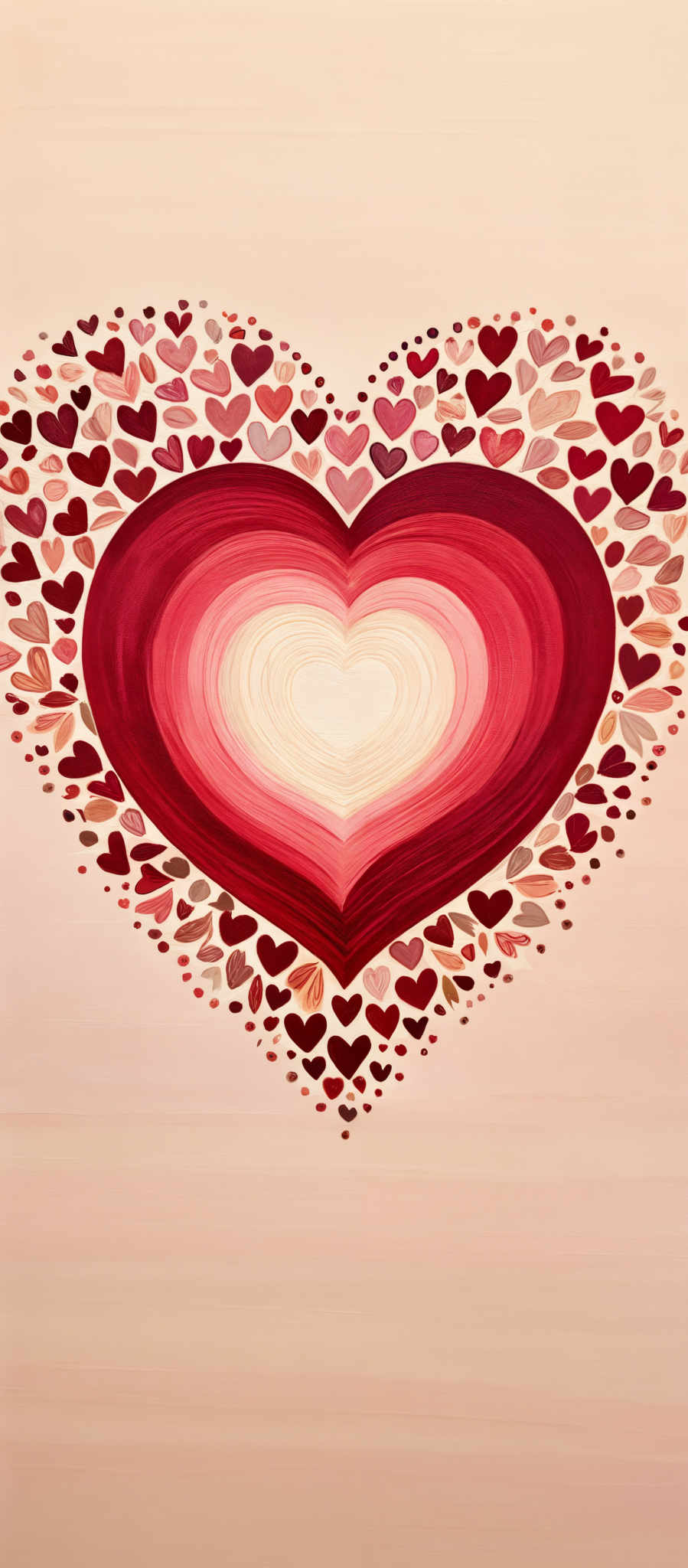 A heart-shaped design is composed of numerous smaller hearts in various shades of red and pink.