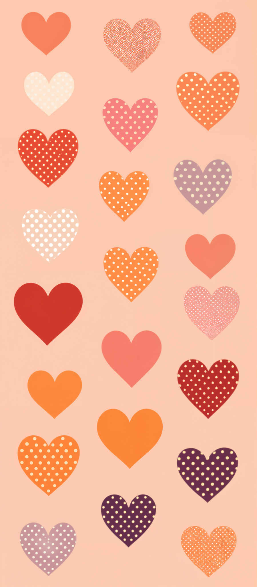 The image presents a delightful array of 16 heart-shaped icons each exhibiting a unique color and pattern. The hearts are meticulously arranged in a 4x4 grid creating a harmonious balance of colors and patterns.

Starting from the top left we see a white heart adorned with black polka dots. Moving to the right we encounter a vibrant orange heart speckled with white polka spots. The top row concludes with a red heart featuring white polkadots.

The second row begins with a pink heart dotted with white circles. Next to it there's a yellow heart with white lines. The third heart in this row is blue and has white polkas. The second row ends with a purple heart with a white polkka dot pattern.

The third row starts with a green heart with red polka-dots. The middle heart is orange with white stripes. The heart in the center of the grid is red with white dots. The last heart in row three is pink with white hearts.

The bottom row begins on the left with a yellow-orange heart with black lines. Next there is a red-orange heart spekled with black dots. In the middle there are two hearts - one pink with black hearts and the