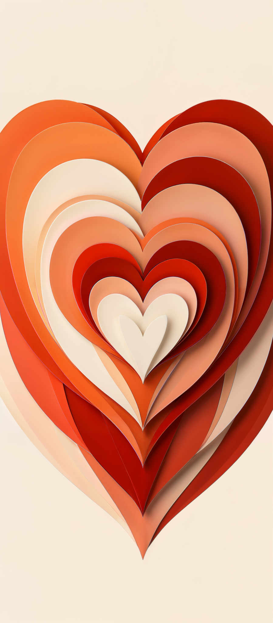 A heart-shaped collage of paper cutouts in various shades of red orange and white.