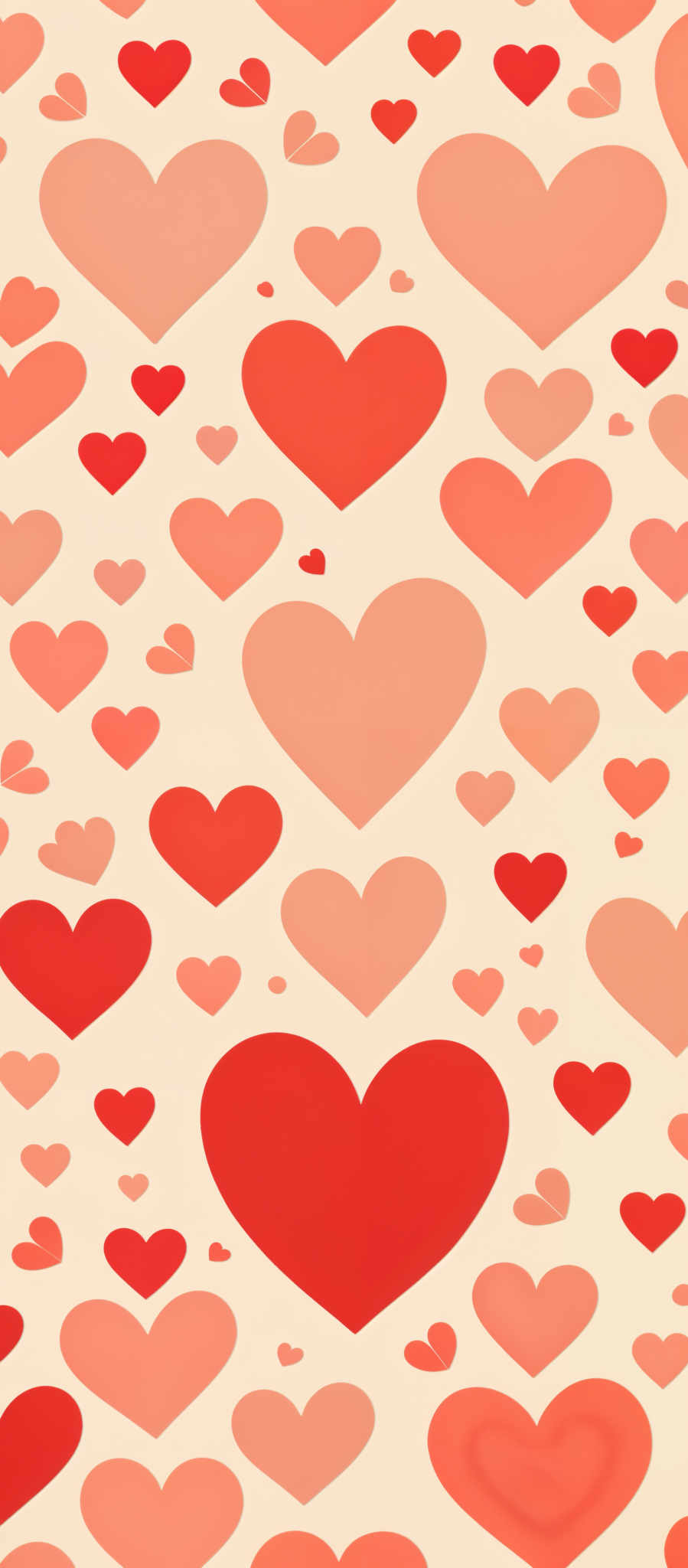 A pattern of red hearts on a peach background.