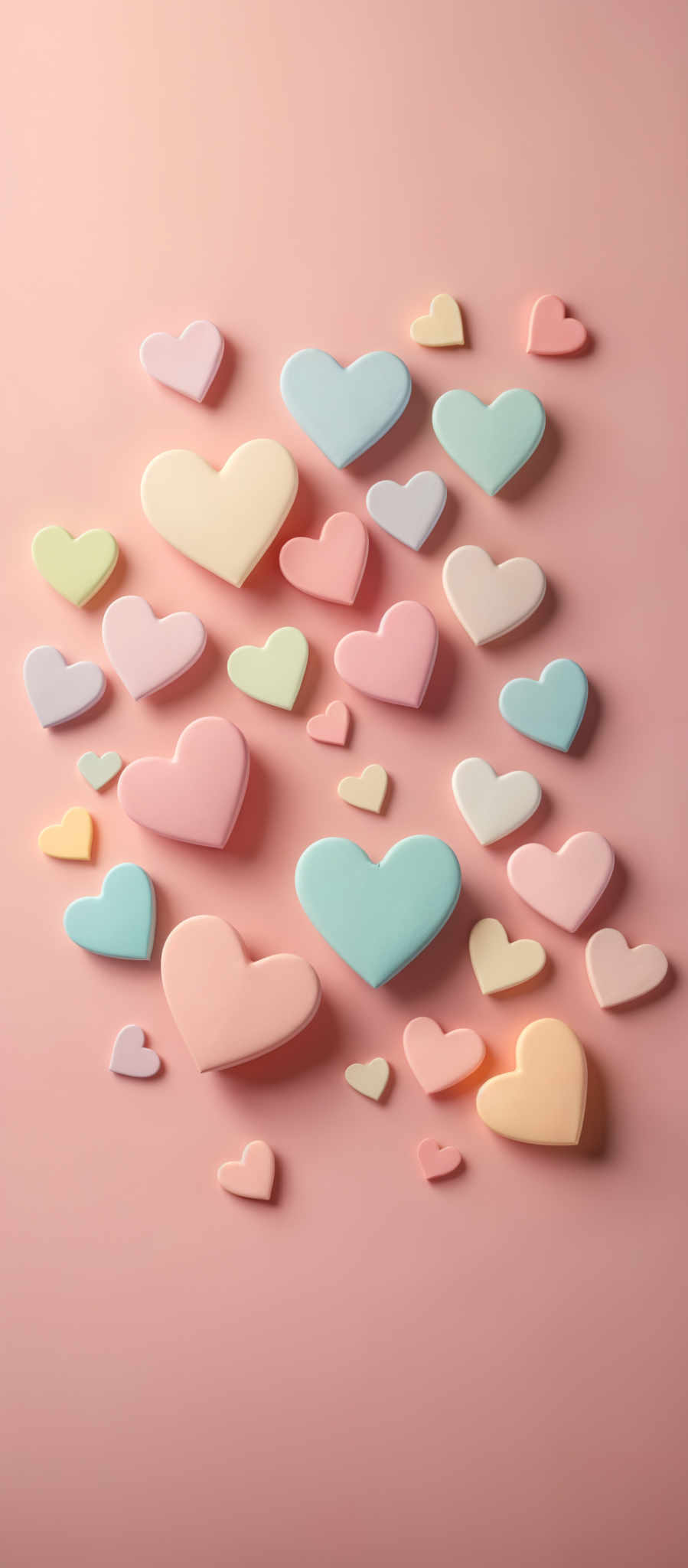 A collection of 24 heart-shaped cookies in various colors including pink green blue and yellow.