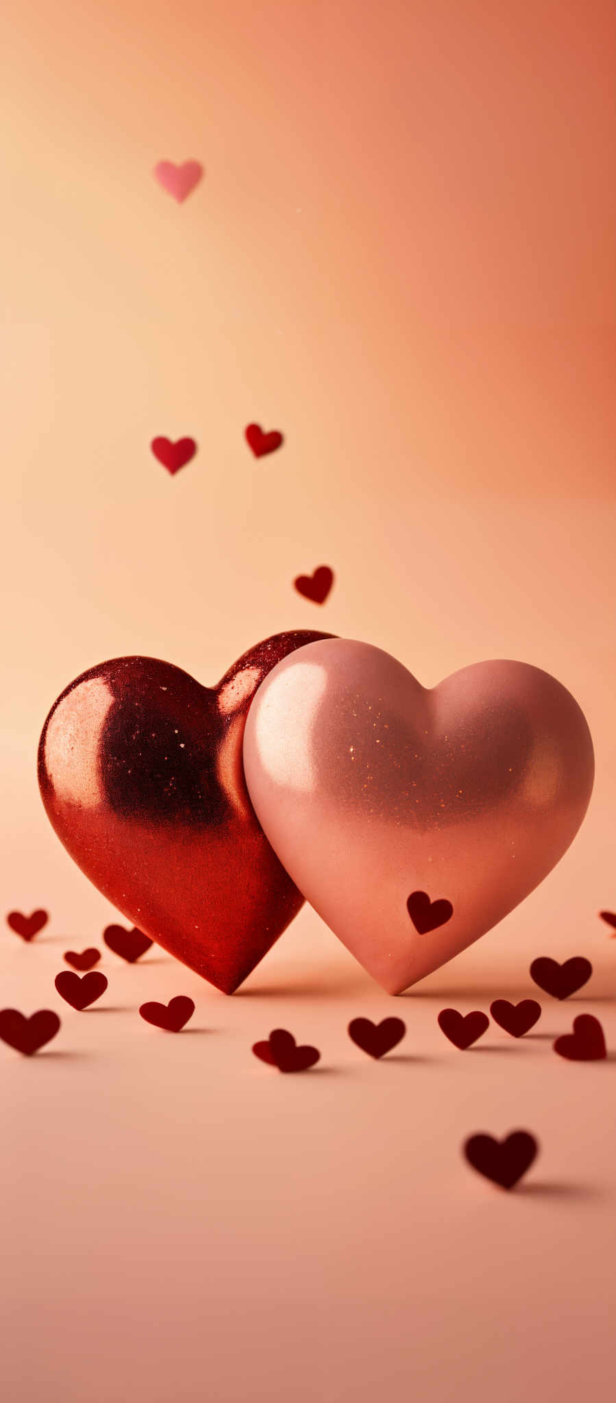 Two red hearts are the main focus of this image. They are not perfectly aligned but rather they overlap each other creating a sense of depth and dimension. The hearts are not uniform in color with one appearing slightly darker than the other. This variation in color adds a touch of realism to the image making it feel as though the hearts could be made of different materials or have been painted with different brushes.

Scattered around the hearts are small red hearts. These hearts are smaller than the two main hearts and are not as uniform in size. They appear to be randomly placed creating an abstract pattern that contrasts with the more structured shapes of the main hearts.

The background of the photo is a light peach color. This color is soft and warm providing a gentle backdrop that allows the red hearts to stand out. The light peach background also enhances the overall warm and romantic mood of the photograph.

Overall this image captures a romantic theme with its use of hearts and warm colors. The overlapping hearts and scattered hearts create a sense movement and energy while the light peach backdrop provides a calm and serene atmosphere.