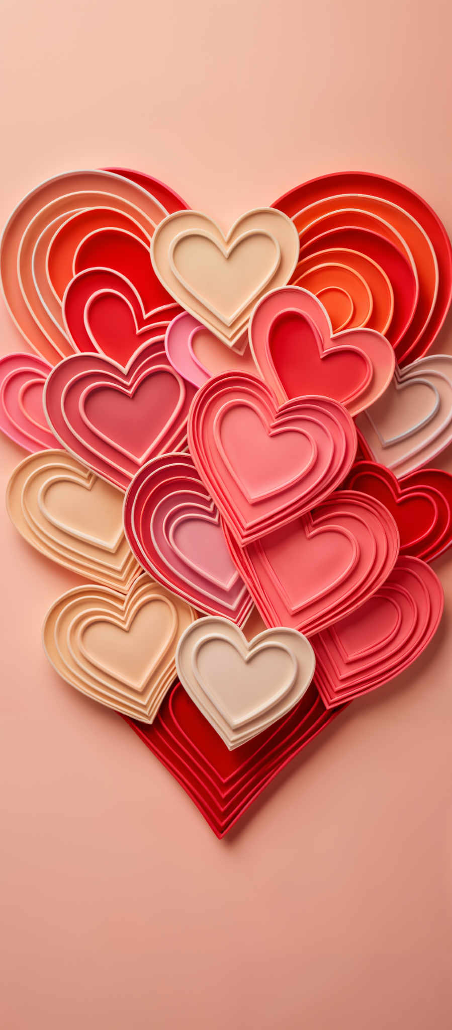 A collection of heart shaped objects in various colors including red pink and beige.