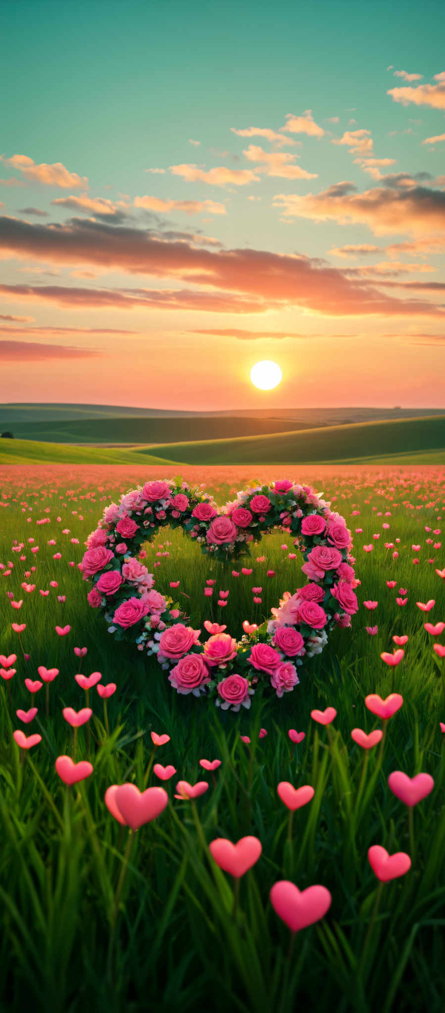 A heart made of pink and white roses in a field with a sunset in the background.