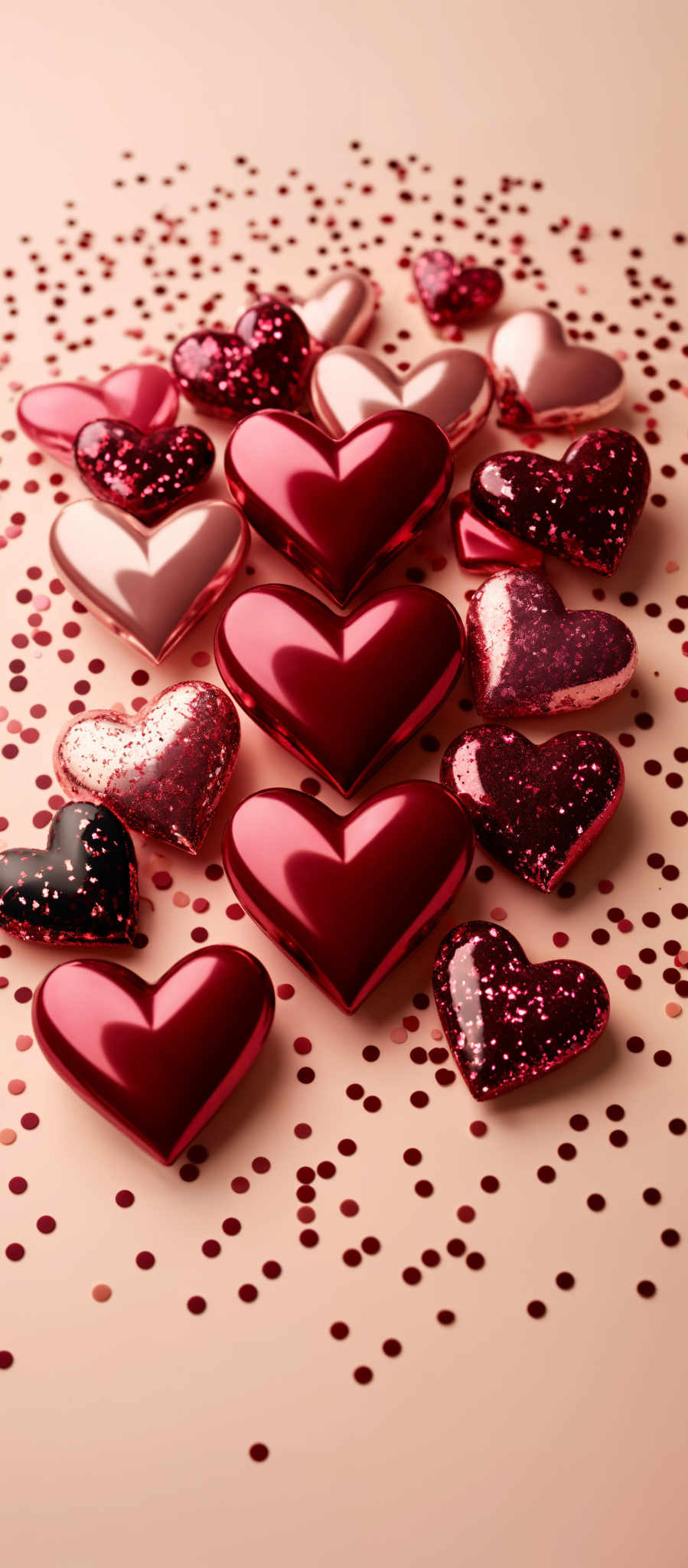 A collection of heart shaped charms in red and black.