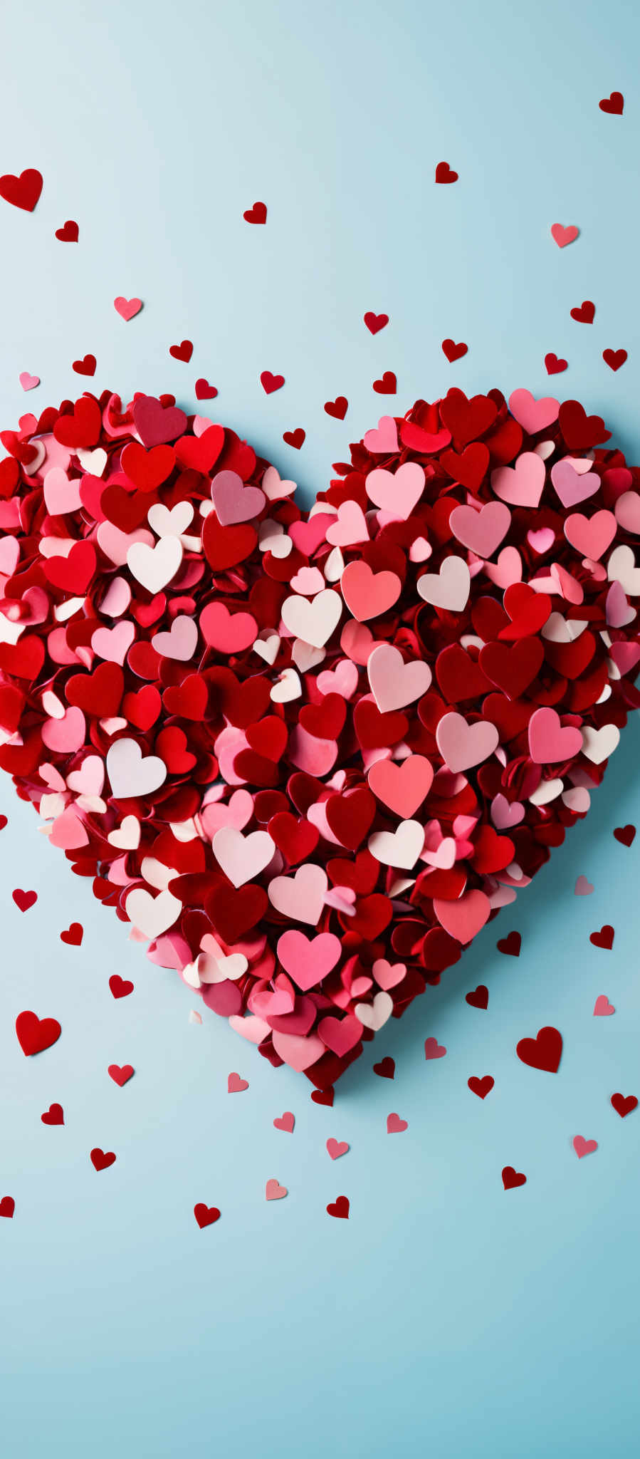 A heart-shaped collage of red and pink hearts.