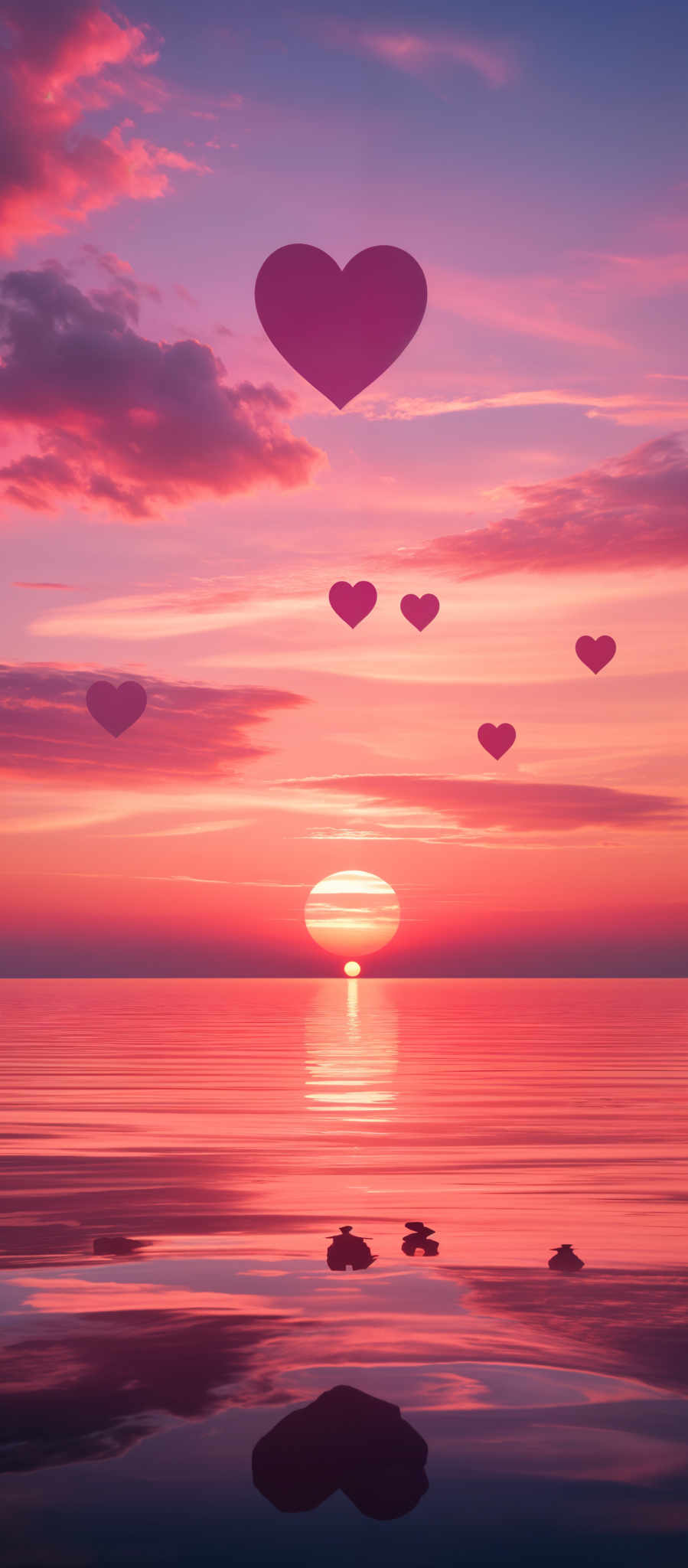 A sunset over a body of water with hearts floating in the sky.