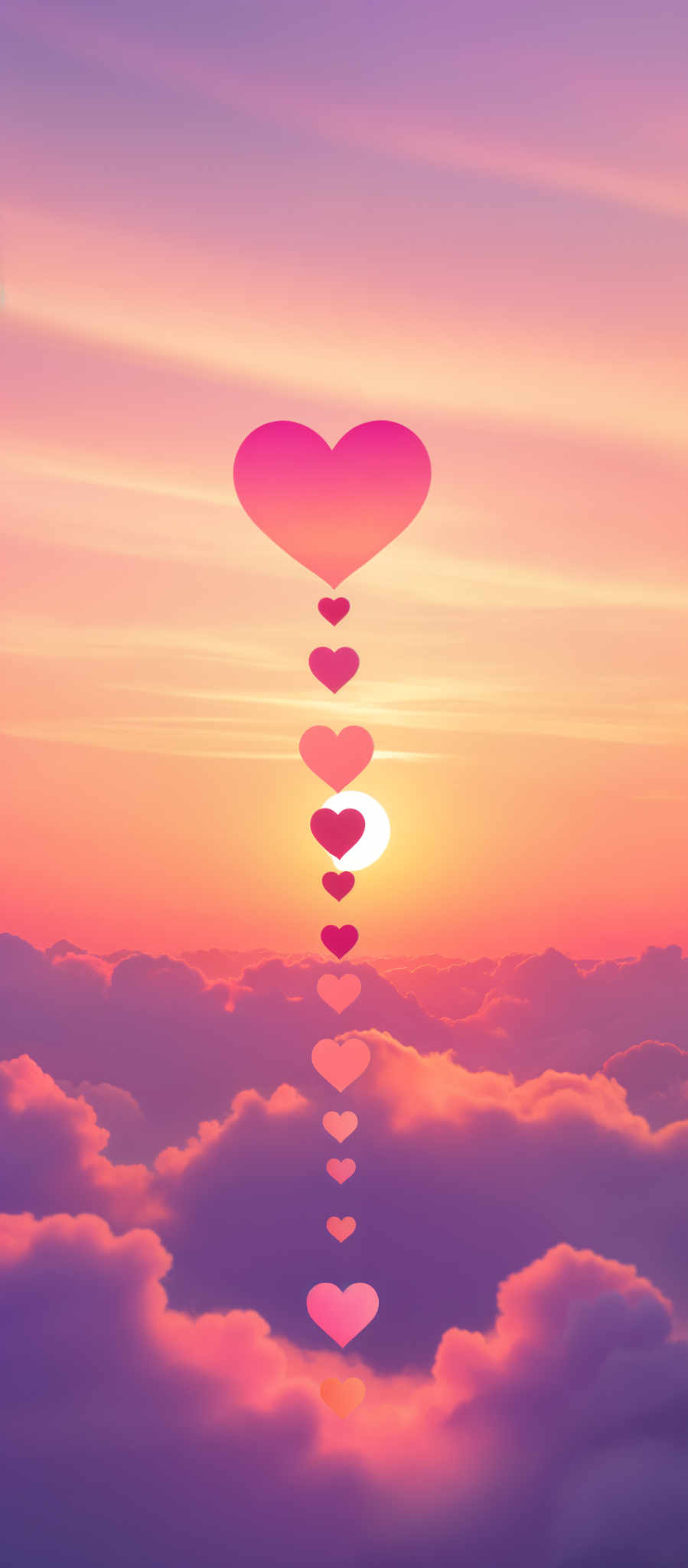 A series of hearts are floating in the sky with the largest one at the top and the smallest at the bottom.