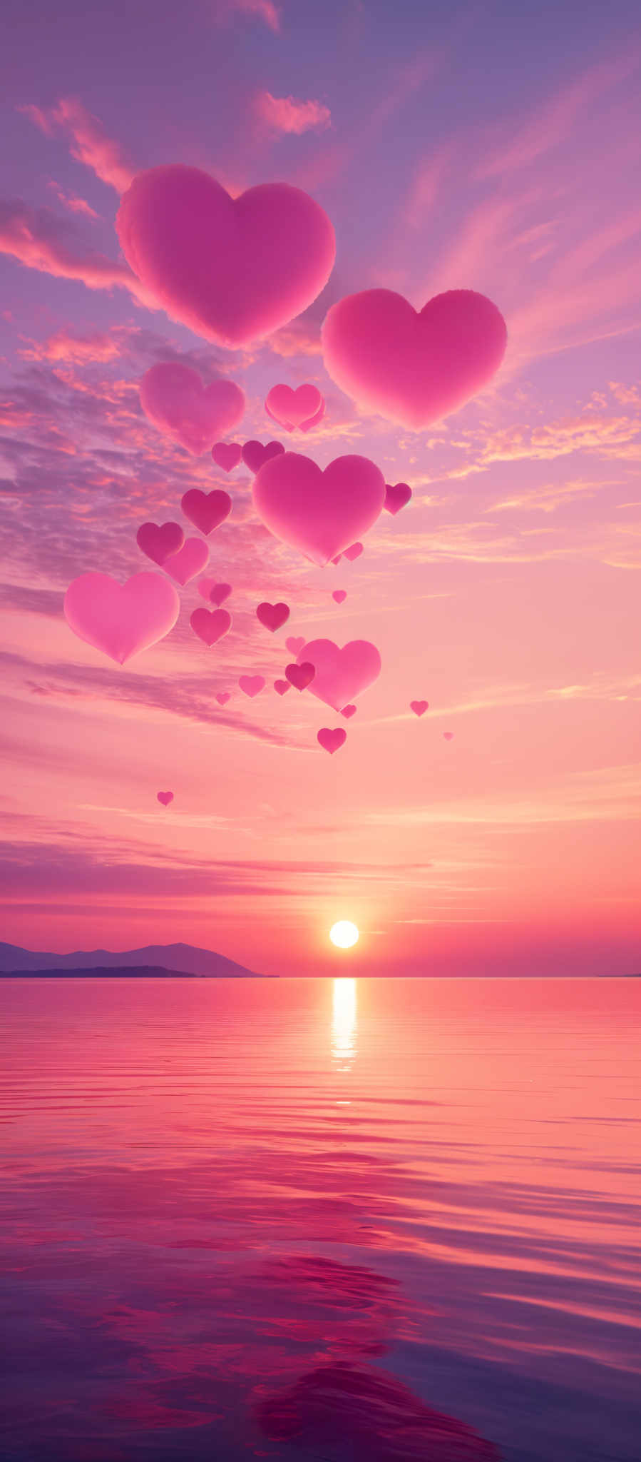 A sunset over a body of water with hearts floating in the air.