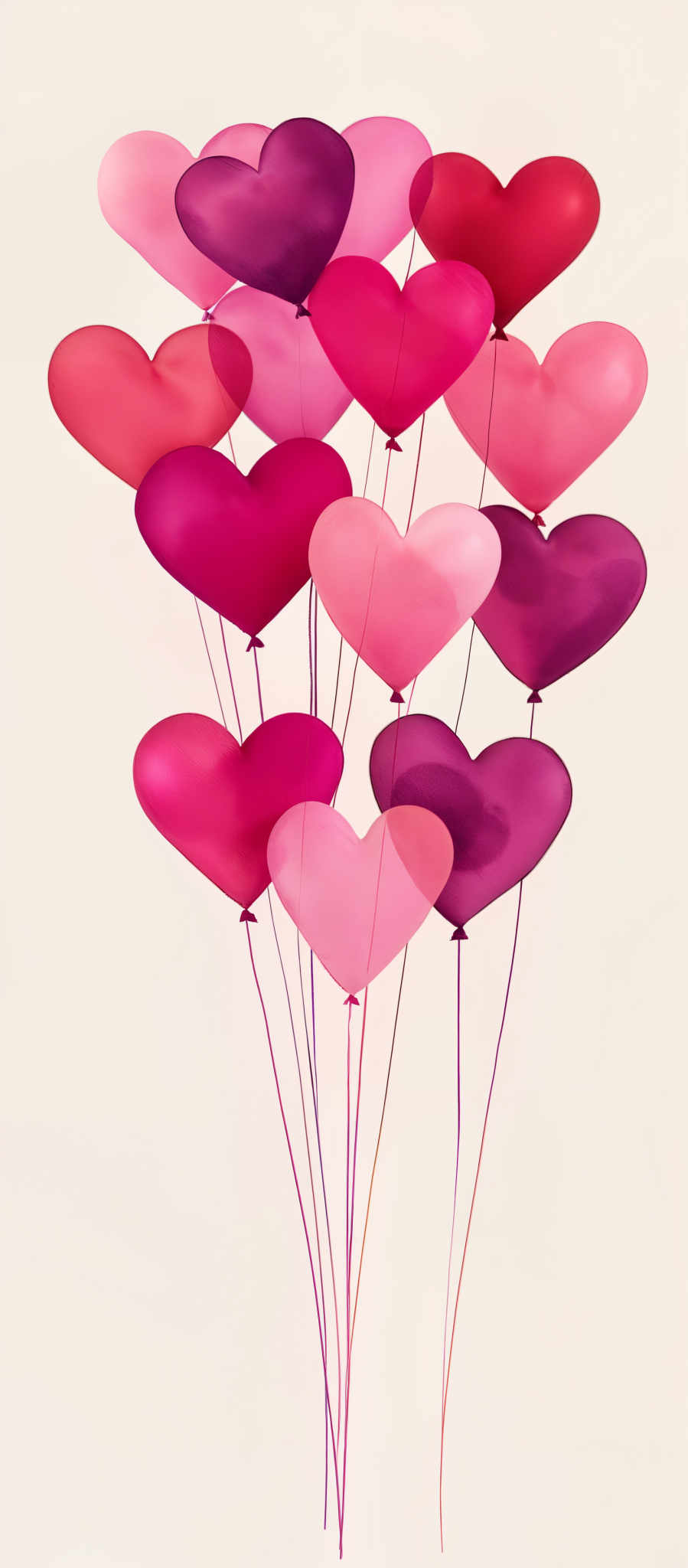 A collection of heart-shaped balloons in shades of pink and purple.