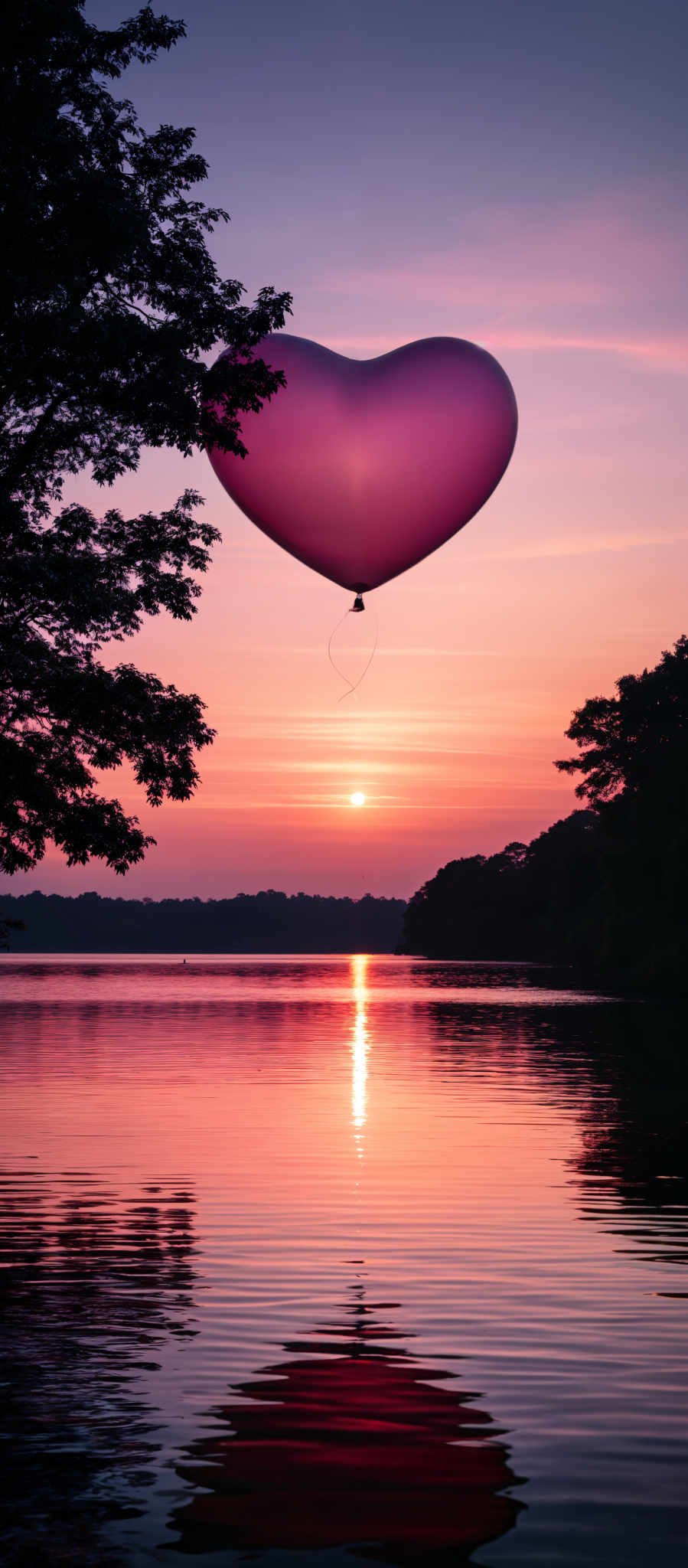 A hot air balloon floating over a lake at sunset.