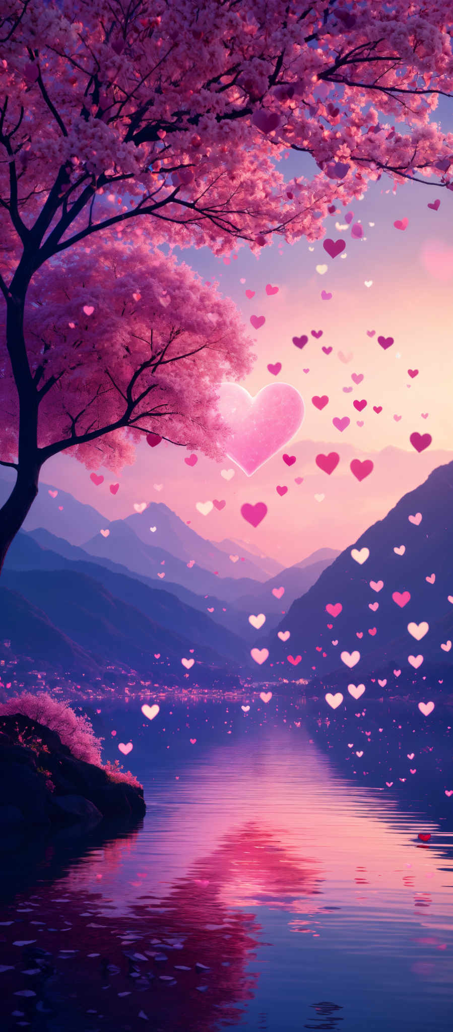 A beautiful landscape with a tree in the foreground and a mountain range in the background. The tree is adorned with pink flowers and the sky is painted in hues of pink and purple. The mountain range is set against a backdrop of a blue sky. The image is filled with hearts in shades of pink purple and blue scattered throughout the scene. The hearts are of varying sizes and are located in different positions adding a whimsical touch to the image.

The tree with its vibrant pink flowers stands out against the blue sky and the mountain range. The colors of the tree and the flowers contrast with the blue of the sky creating a visually appealing scene. Despite the presence of the mountain in the distance the focus of the photo is on the tree making it the main subject of the photograph.

The hearts scattered throughout add a romantic touch to this picturesque scene. They are not clustered together but are spread out creating an interesting visual pattern. The varying sizes of the hearts add depth to the scene making the image more dynamic.

Overall this image captures a serene and beautiful landscape with a touch of romance added by the hearts. The combination of the pink tree the blue mountain range and the purple sky creates a visually