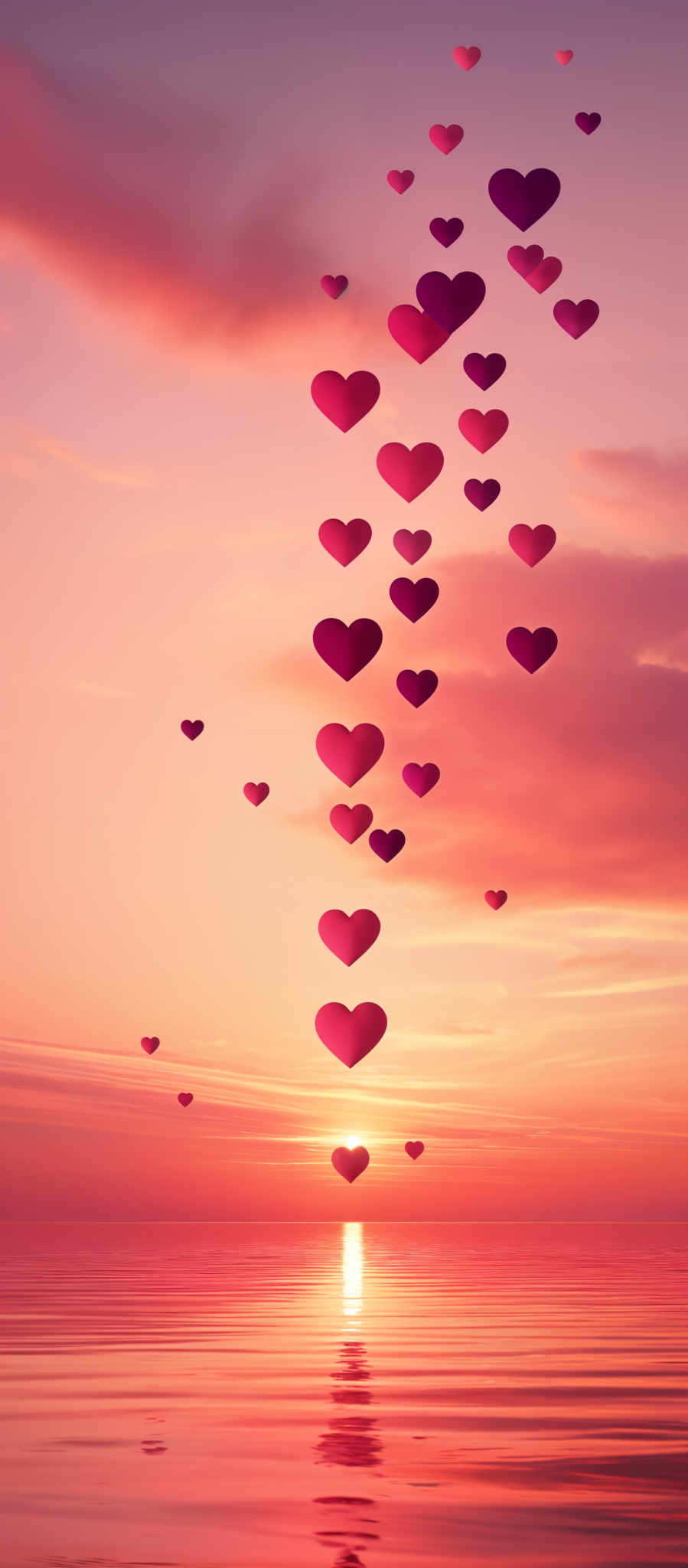 A series of hearts float in the sky with the sun setting in the background.