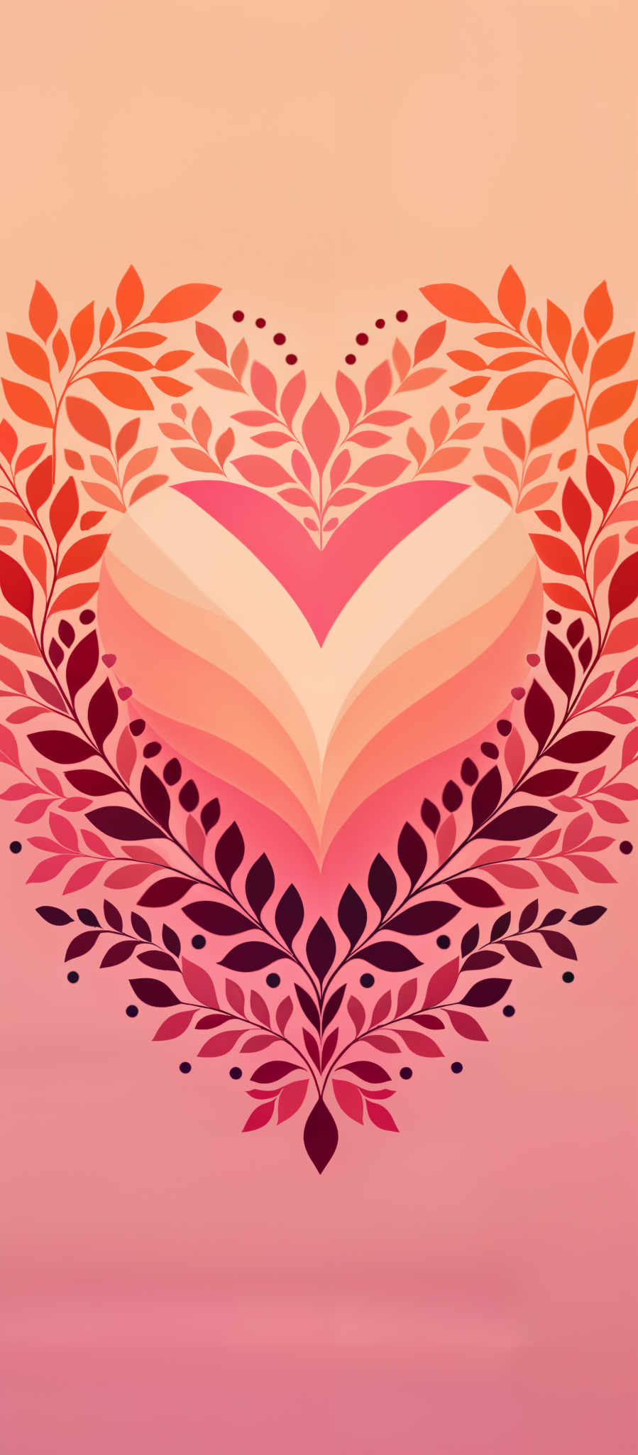 A heart-shaped design with a gradient of pink and orange colors. The heart is composed of a series of leaves and branches creating a unique and artistic representation of love.