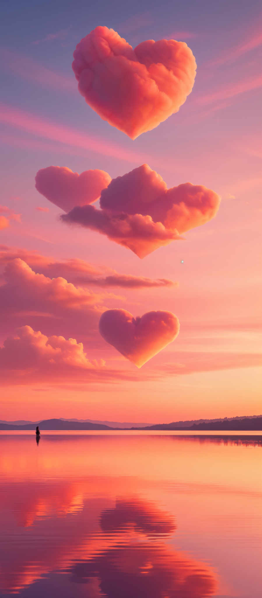 The image presents a breathtaking view of a sunset over a mountain range. The sky is painted in a beautiful gradient of pink and orange hues with fluffy white clouds scattered across it. The sun is setting behind the mountains casting a warm glow on the landscape. 

In the foreground there are three large hearts floating in the sky. These hearts are a vibrant pink color and are arranged in a triangular formation. The largest heart is at the top followed by two smaller hearts at the bottom. 

The image is taken from a low angle giving the viewer a sense of looking up at the sky and the floating hearts. The mountains in the background add depth to the image creating a sense that the hearts are floating high above the earth. 

Overall the image captures a serene and romantic moment with the floating pink hearts adding a touch of whimsy to the natural beauty of the sunset and the mountains.