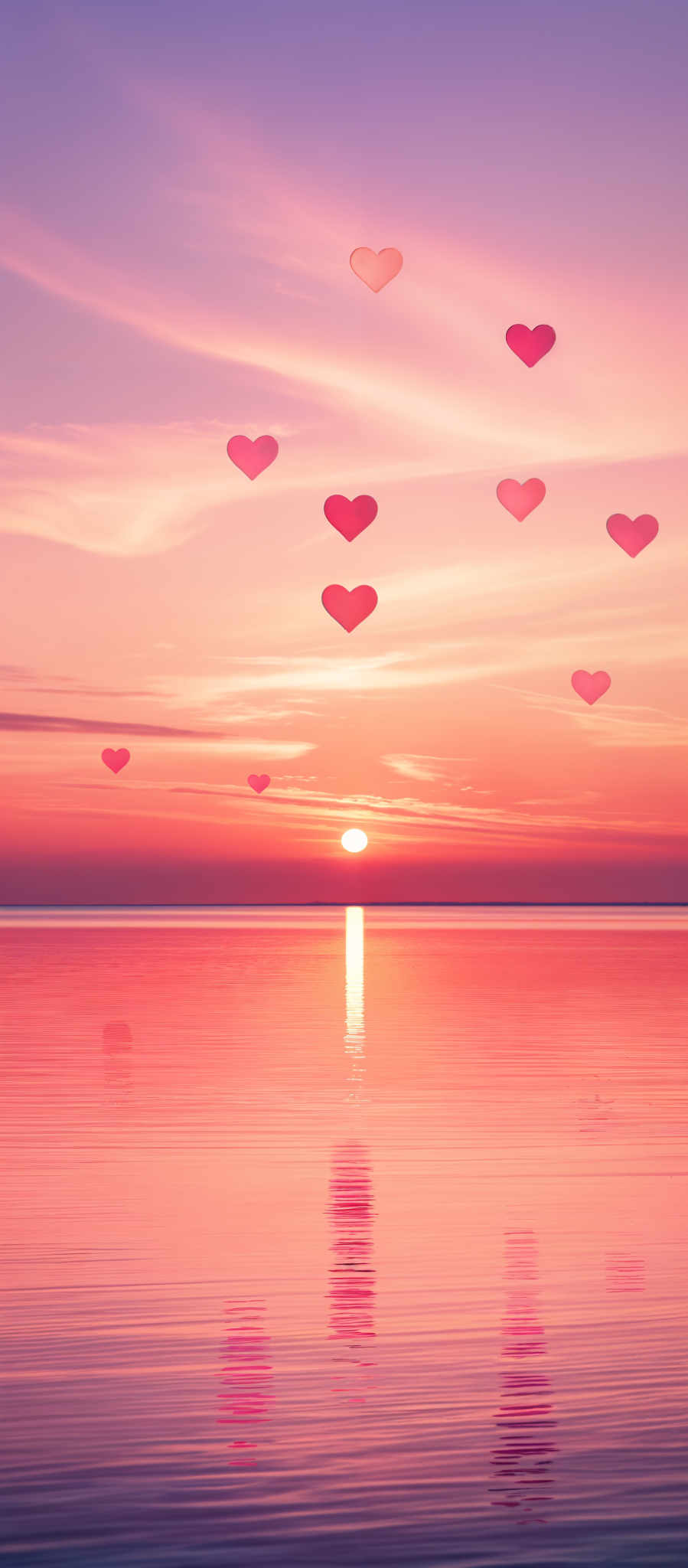 A sunset over a body of water with hearts floating in the sky.