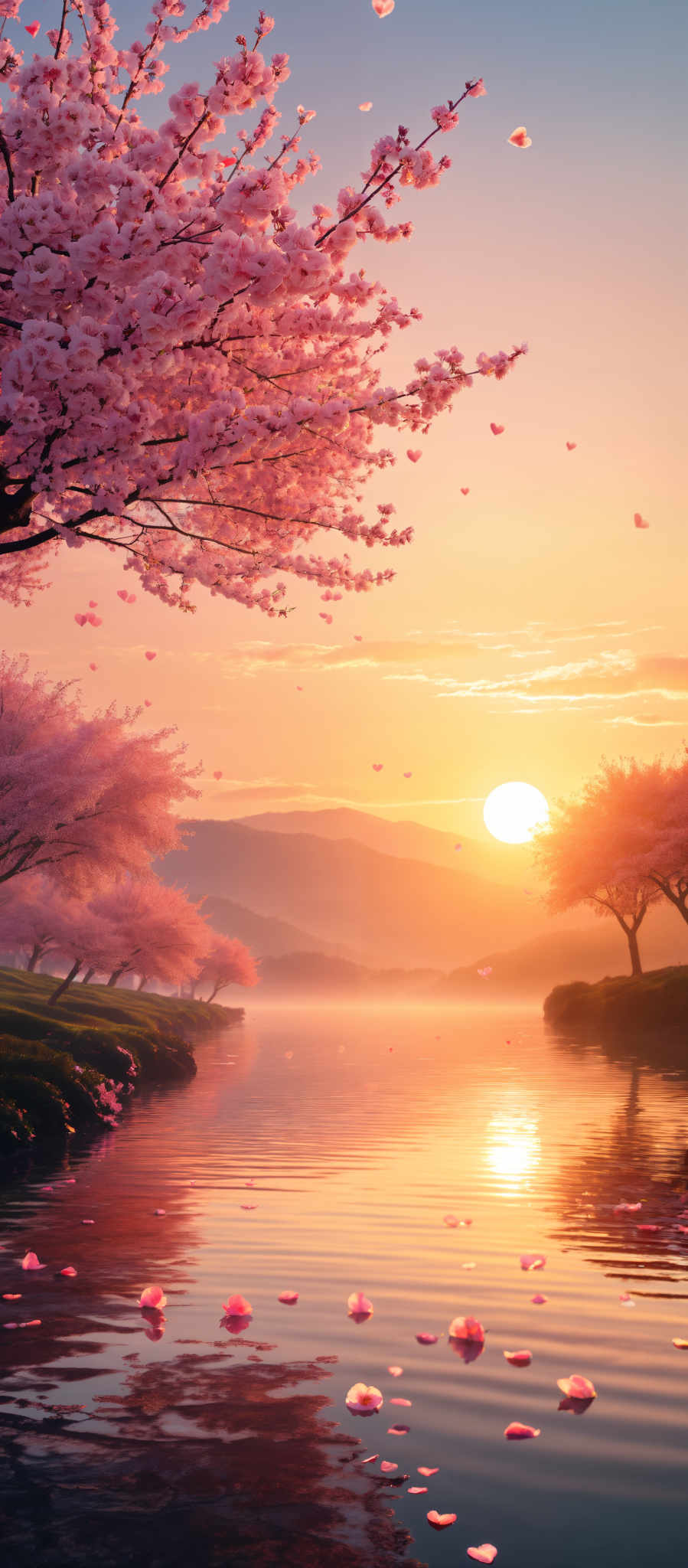 A serene scene of a lake at sunset with cherry blossom trees on the left and a mountain range in the background.