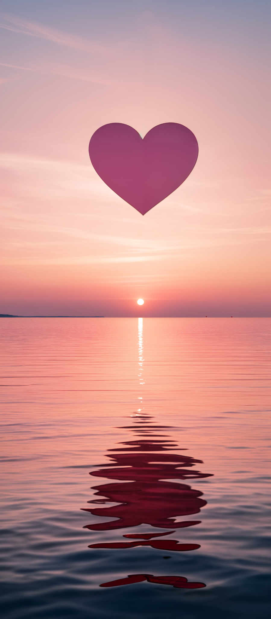 A pink sunset with a heart floating in the sky.