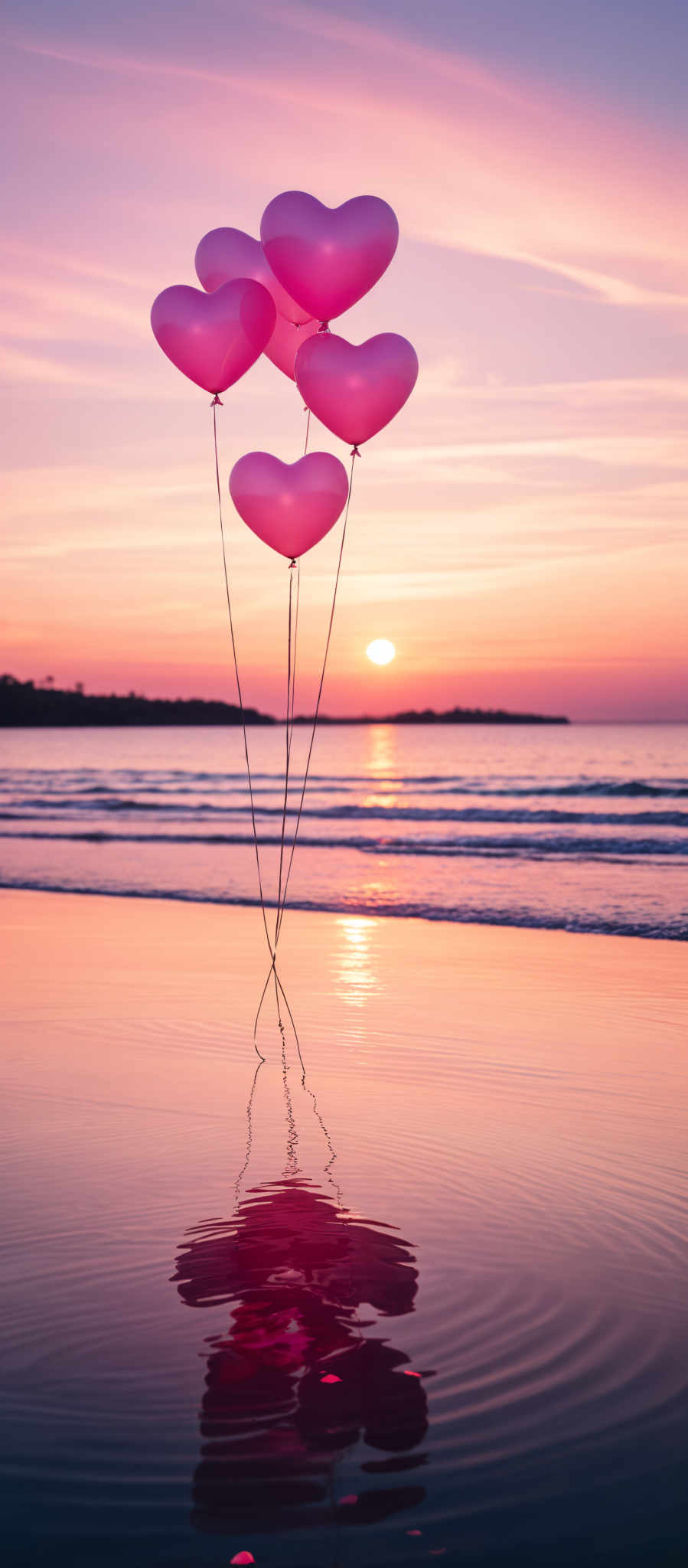 A heart-shaped balloon floats over a beach at sunset.