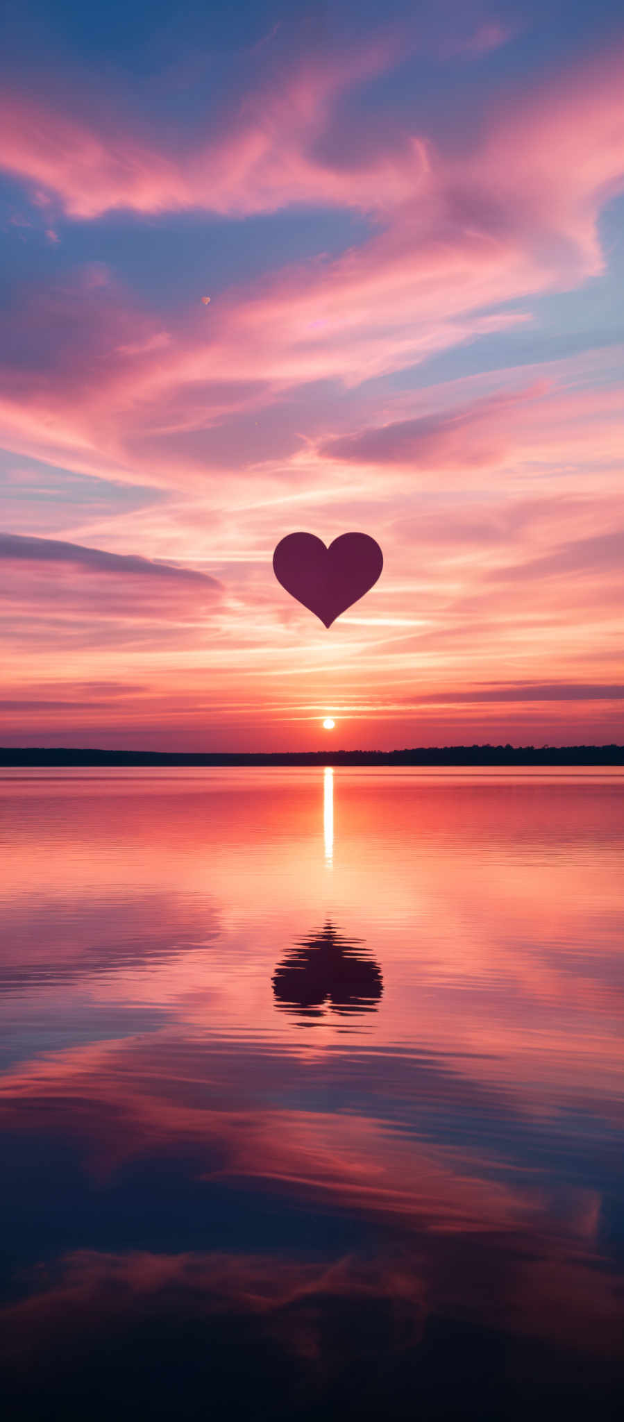 A heart-shaped balloon floats in the sky above a sunset.