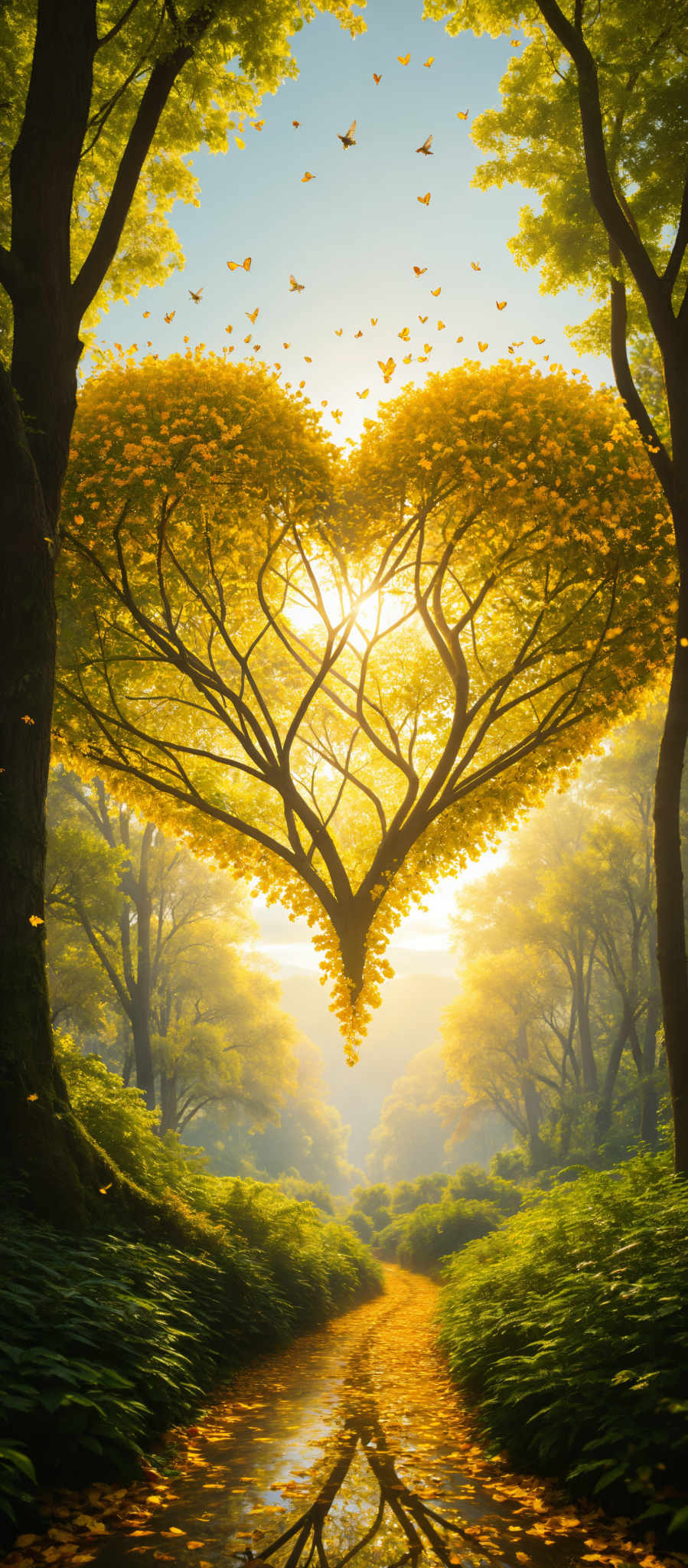 A heart-shaped tree with yellow leaves in a forest.