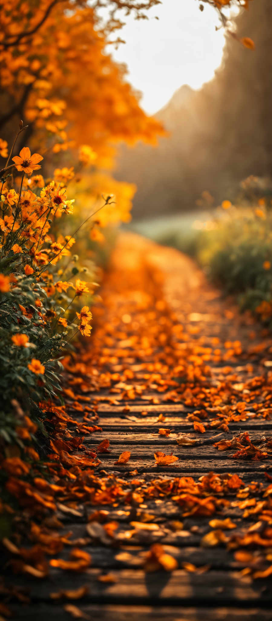 A path made of wooden planks is lined with orange flowers. The path is surrounded by more flowers and leaves creating a beautiful and serene atmosphere. The leaves on the ground are a mix of orange and brown indicating that the season is fall. The flowers are in full bloom adding a vibrant splash of color to the scene. The wooden planked path leads the viewer's eye towards the background which is blurred and out of focus drawing attention to the path and the flowers. This image captures the essence of a peaceful autumn day with the path inviting the viewer to take a walk and enjoy the beauty of nature.