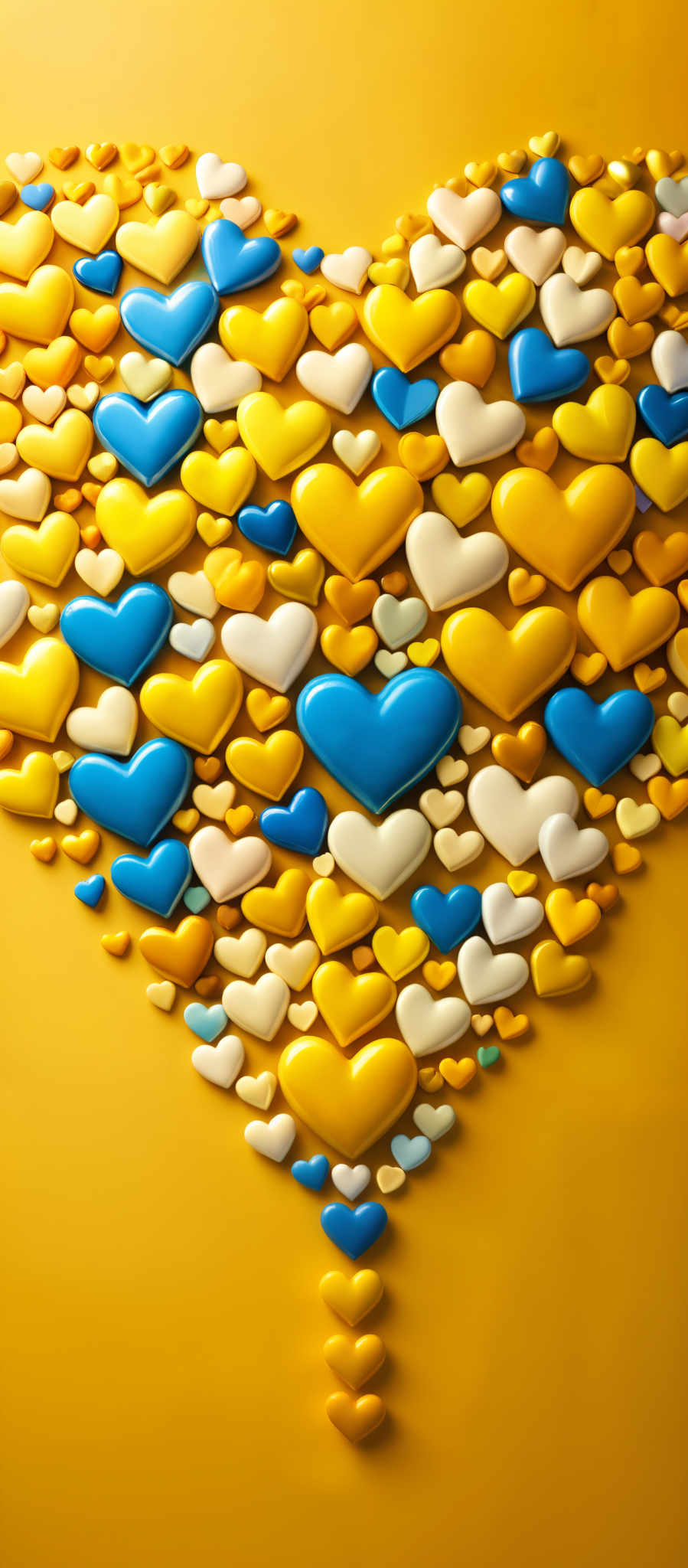 A vibrant display of hearts in various colors including blue yellow and white.