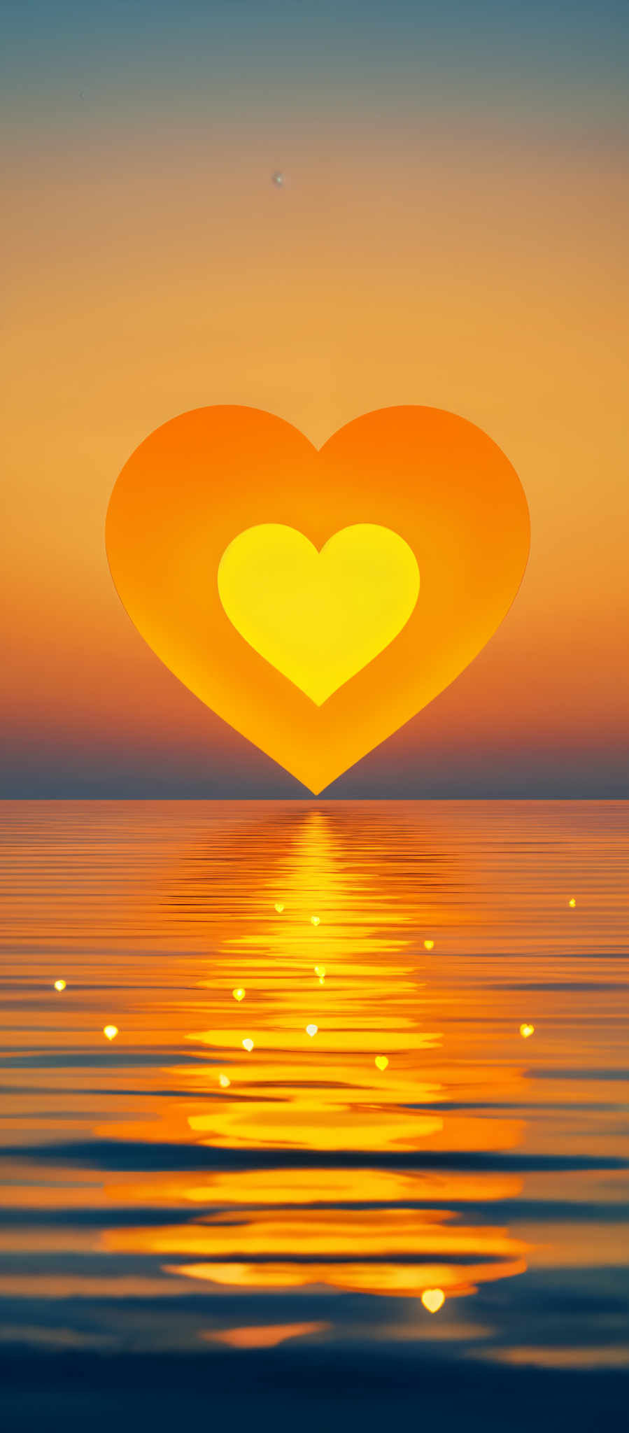 A heart-shaped graphic is set against a sunset background. The heart is yellow and is composed of two halves. The top half is larger than the bottom half. The background is a gradient of orange and blue with the sun setting in the distance. The water below the heart is a dark blue color. The image is a digital illustration.