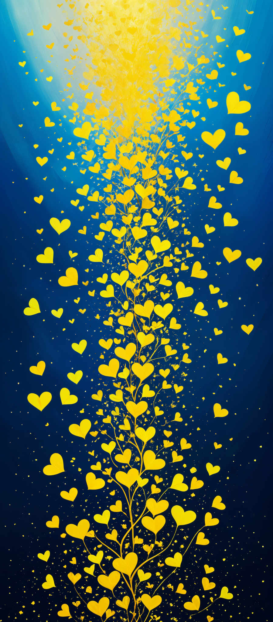 A digital image of yellow hearts floating in a blue background.