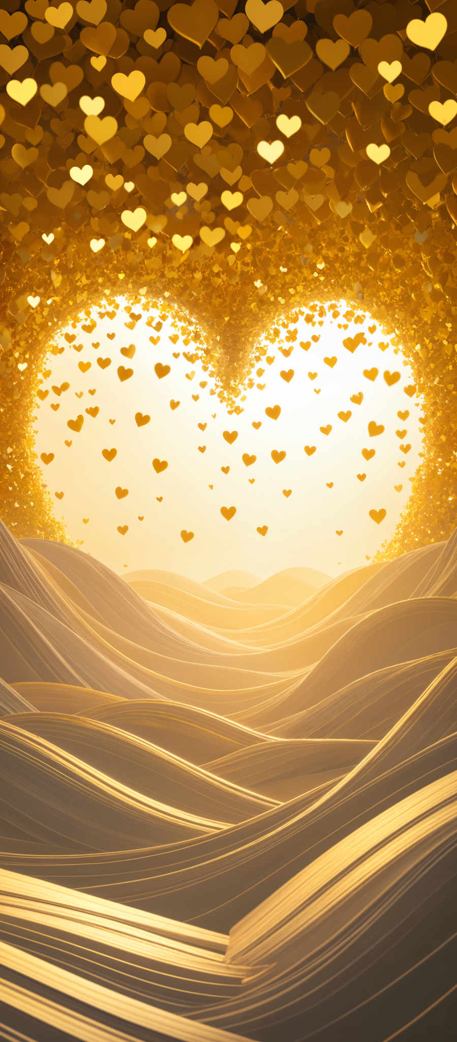 A heart-shaped image is composed of numerous small hearts all glowing with a golden hue. The hearts are arranged in a way that they form a larger heart creating a sense of unity and love. The background of the heart is a gradient of yellow and orange adding depth and warmth to the image.

The hearts are not randomly placed; they are meticulously arranged to form the larger heart. This careful arrangement gives the image a sense that it is not just a random collection of hearts but a deliberate and thoughtful design.

The image does not contain any text or other discernible objects. The focus is solely on the heart-shaped design and the hearts that make it up. The image is a beautiful representation of love and unity captured in the form of a heart.