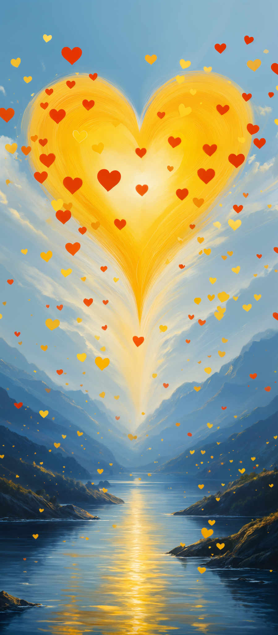 A vibrant painting of a mountain range with a yellow sun in the center. The sun is surrounded by a multitude of red and yellow hearts creating a sense of warmth and love. The mountain range is depicted in shades of blue and green with a few red and orange peaks adding contrast. The sky is a light blue dotted with fluffy white clouds. The painting is filled with a lot of hearts symbolizing love and happiness. The colors used are bright and cheerful adding to the overall positive mood of the painting. The artist has skillfully used color and composition to create a visually appealing and uplifting image.