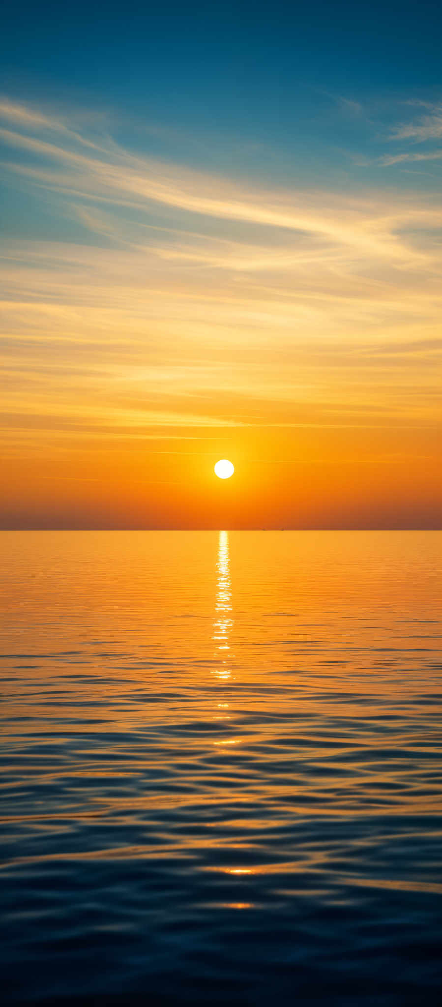 A sunset over the ocean with a bright orange sun.