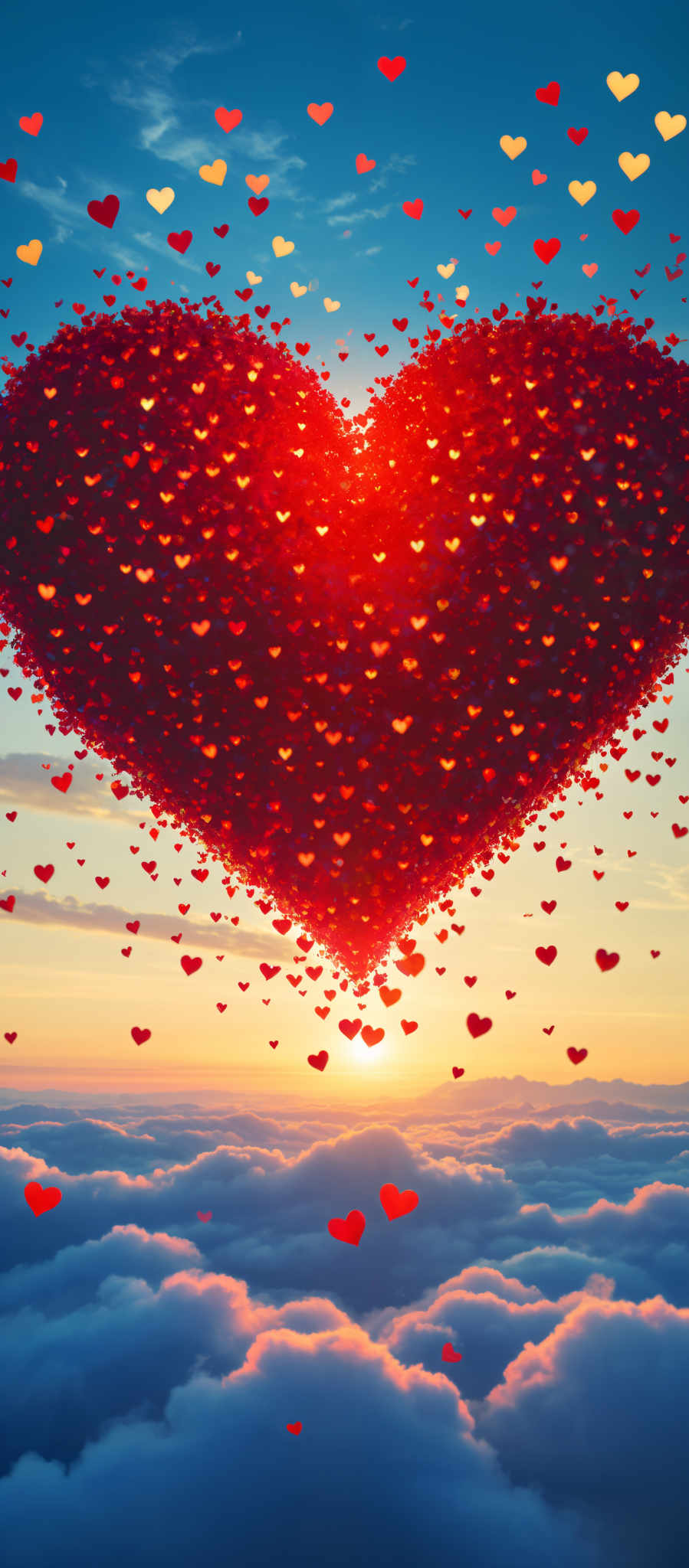 A large heart-shaped formation of red hearts floating in the sky.