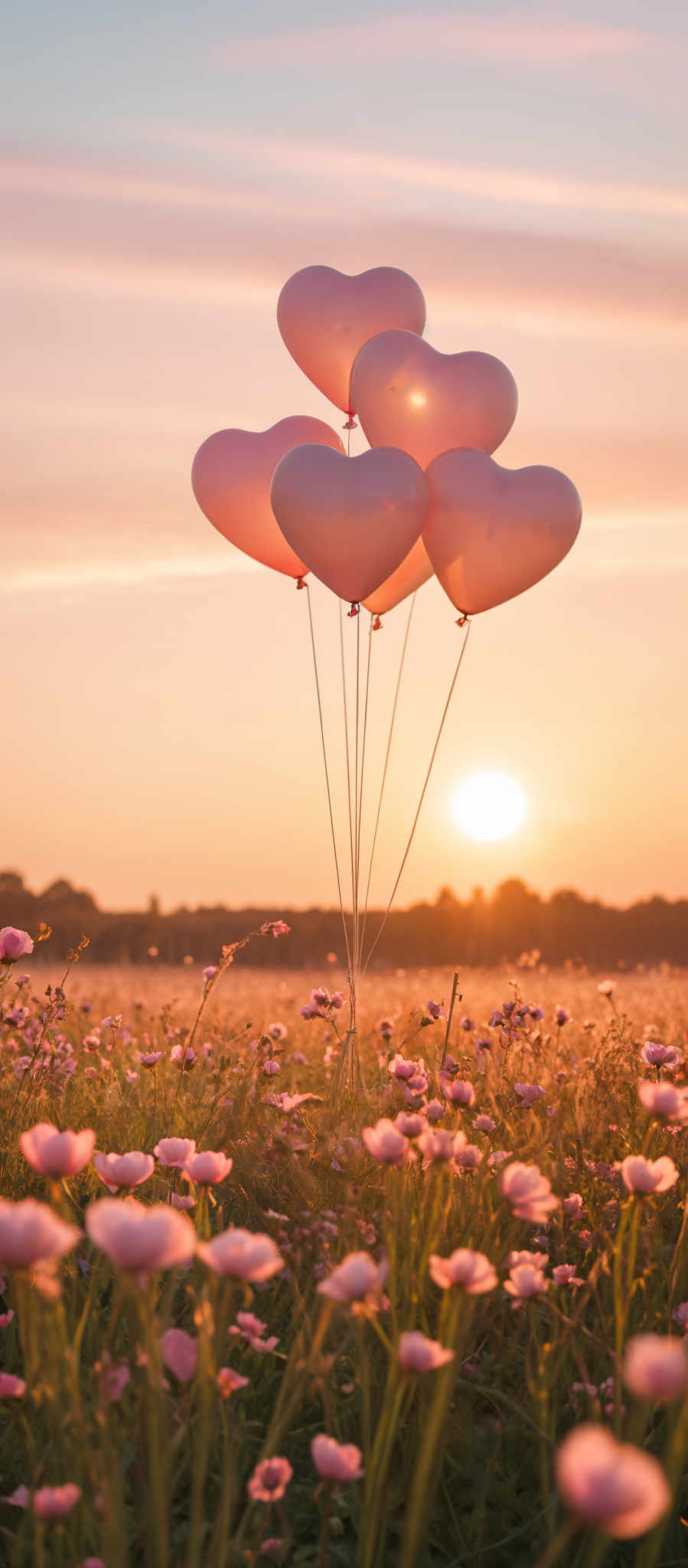 A group of pink heart-shaped balloons float in the sky above a field of pink flowers.