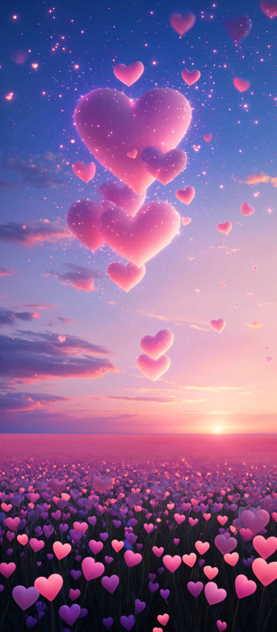 A beautiful sunset with hearts floating in the sky.